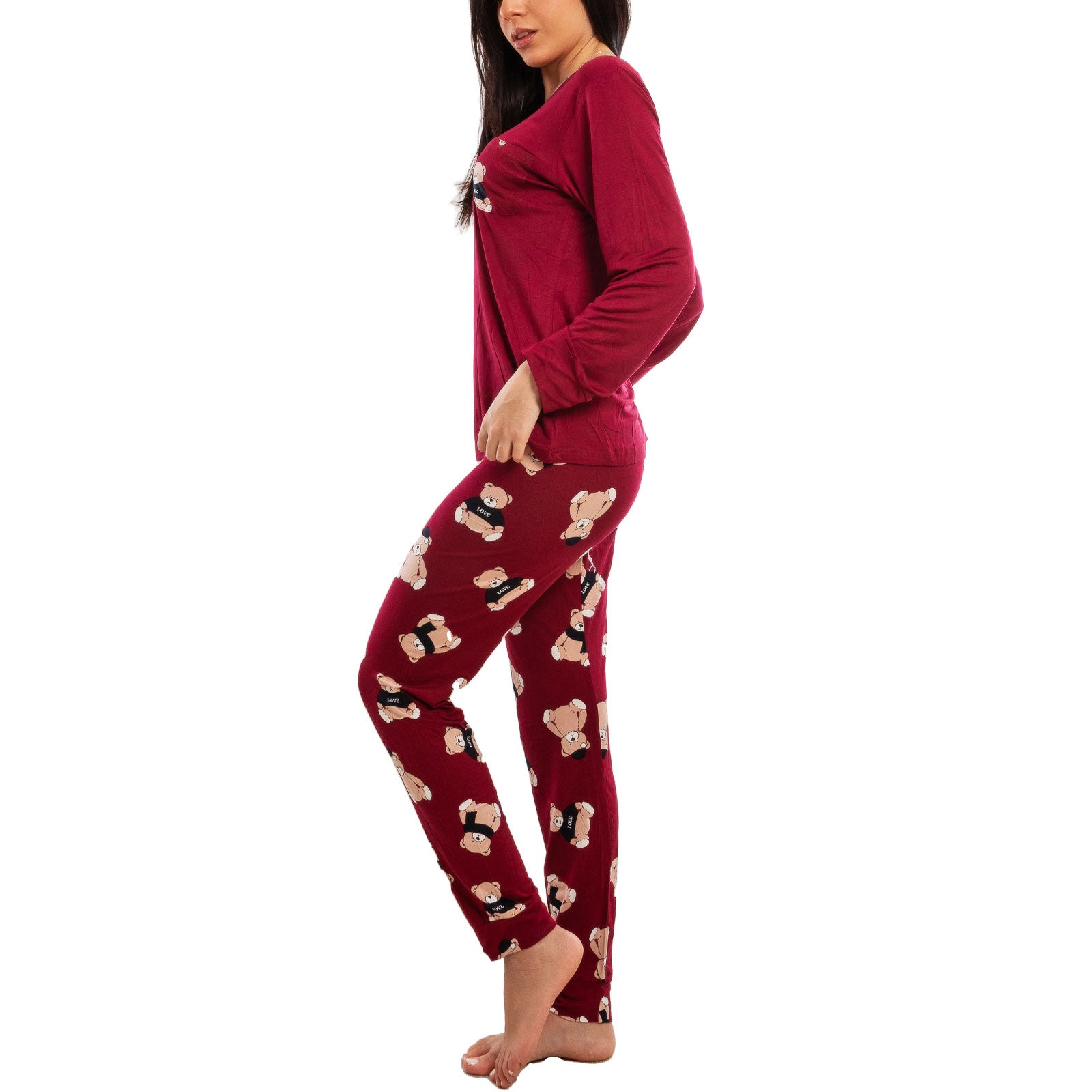 toocool pigiama donna lungo completo due pezzi maglia maniche lunghe pantaloni fantasia orsetti toocool e2600 bordeaux xxl