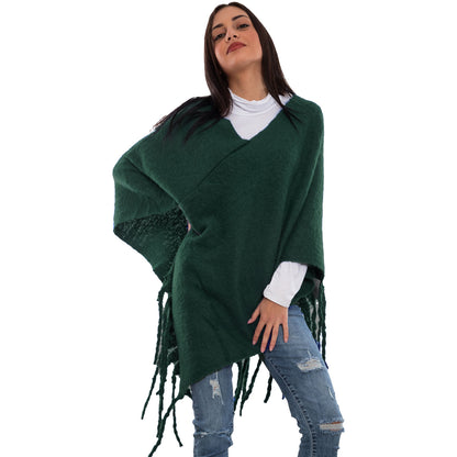 toocool poncho donna coprispalle mantella tricot caldo frange scialle lana toocool bs a301 nero taglia unica