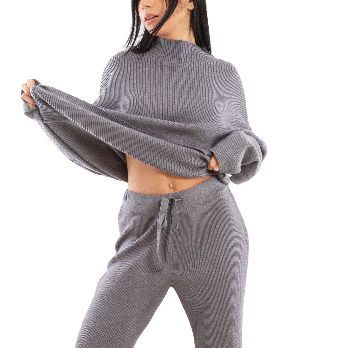 toocool completo donna maglia costine 2 pezzi set coordinato alto pantaloni zampa laccio tuta casual loungewear 59111