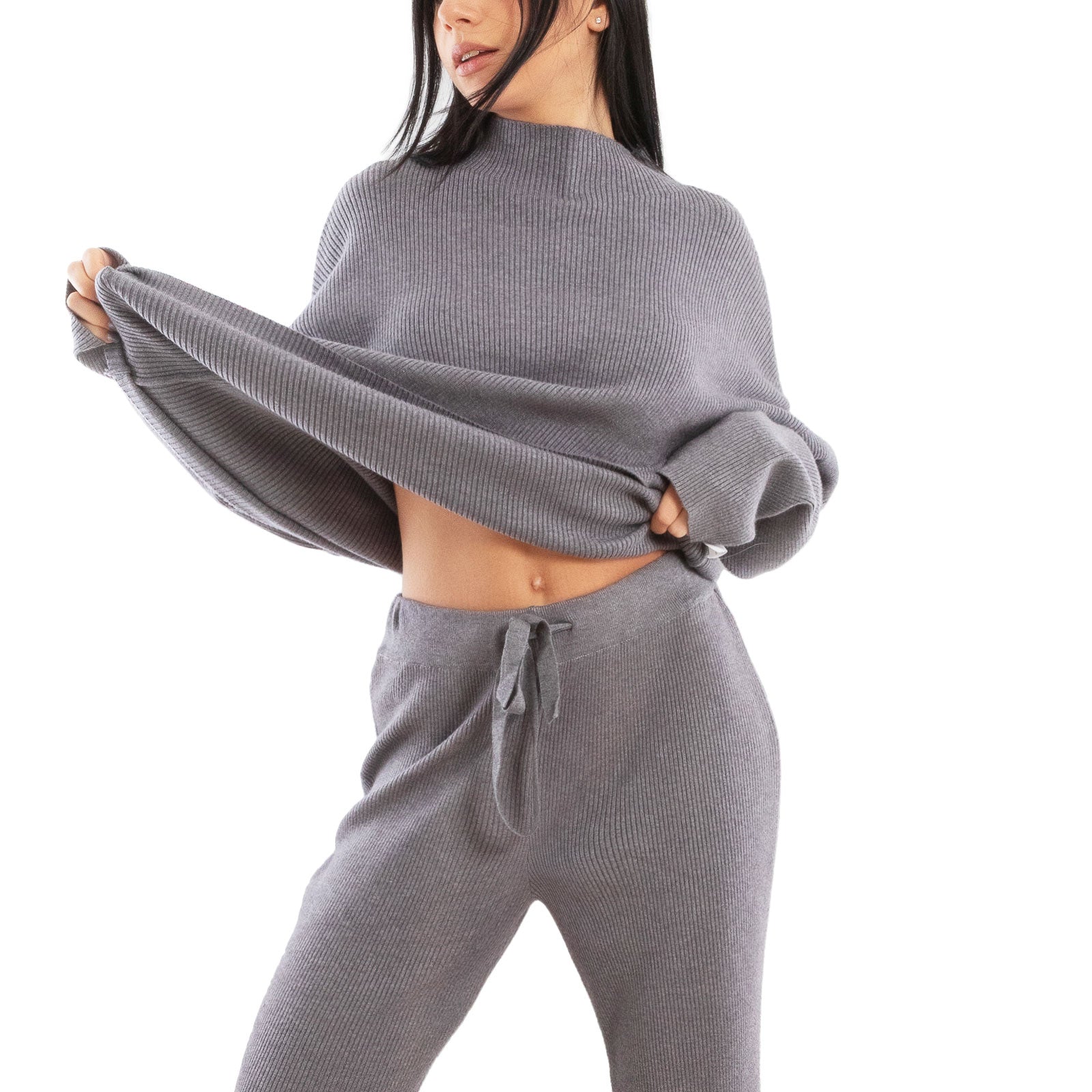 toocool completo donna maglia costine 2 pezzi set coordinato alto pantaloni zampa laccio tuta casual loungewear 59111