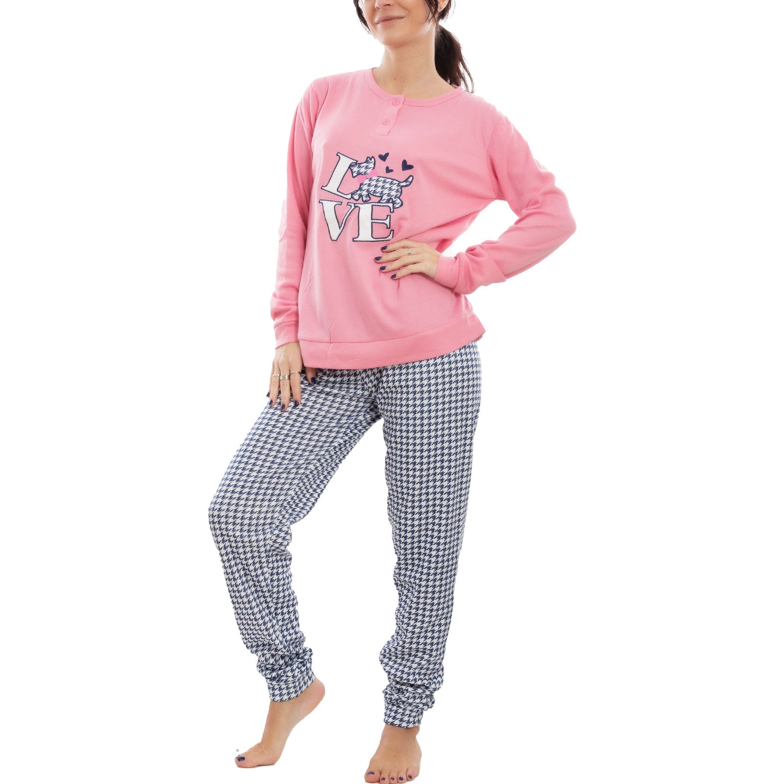 toocool pigiama donna felpato pied de poule maniche lunghe pantaloni completo 2 pezzi toocool c1505 grigio chiaro s