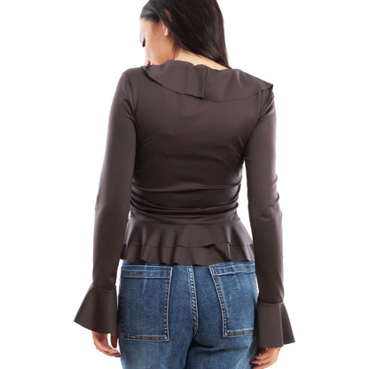 toocool blusa donna elegante elasticizzata con ruches e volant maniche svasate a campana top casual chic toocool vi 8231 nero sm
