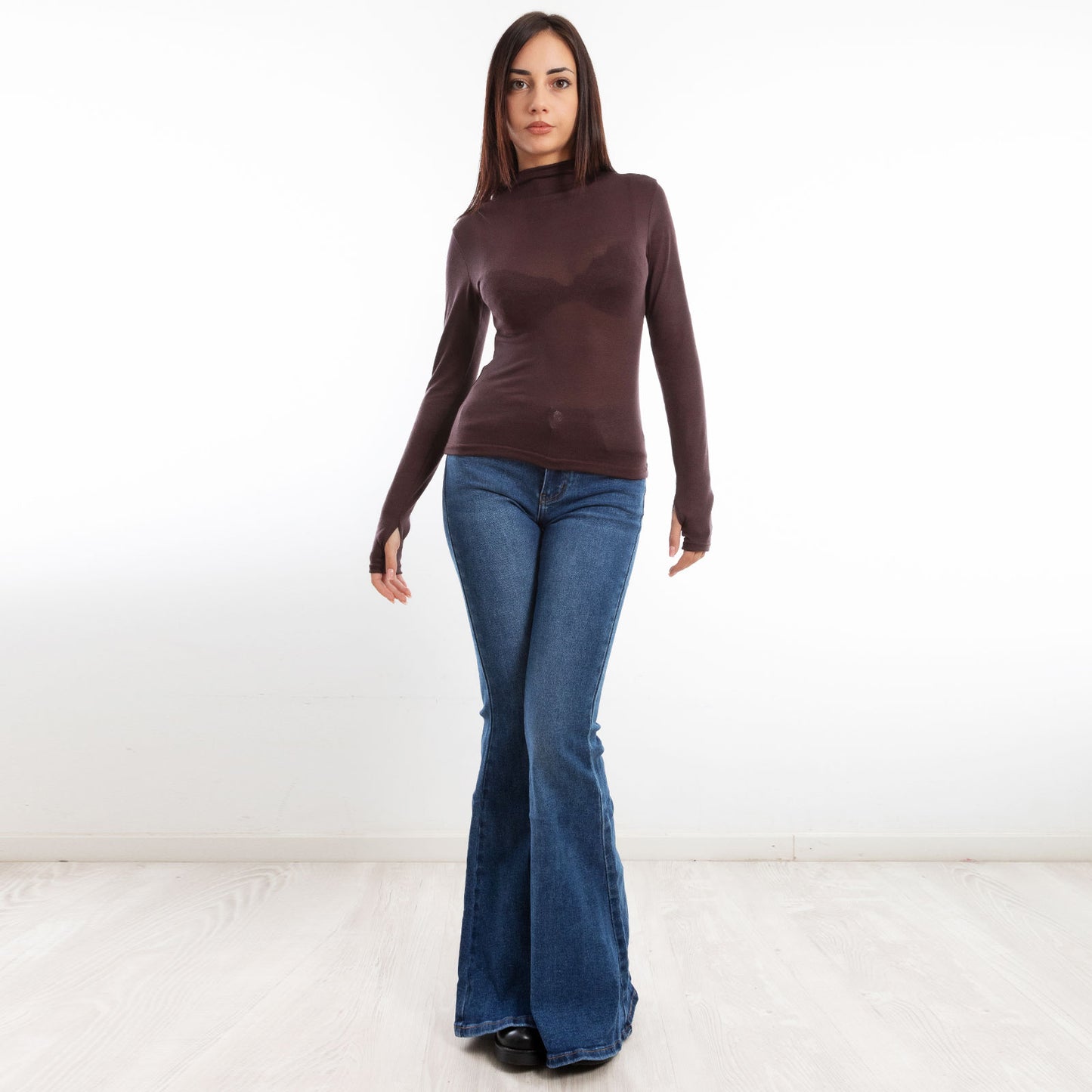 toocool maglia donna blusa maniche lunghe foro per pollice vi 5255