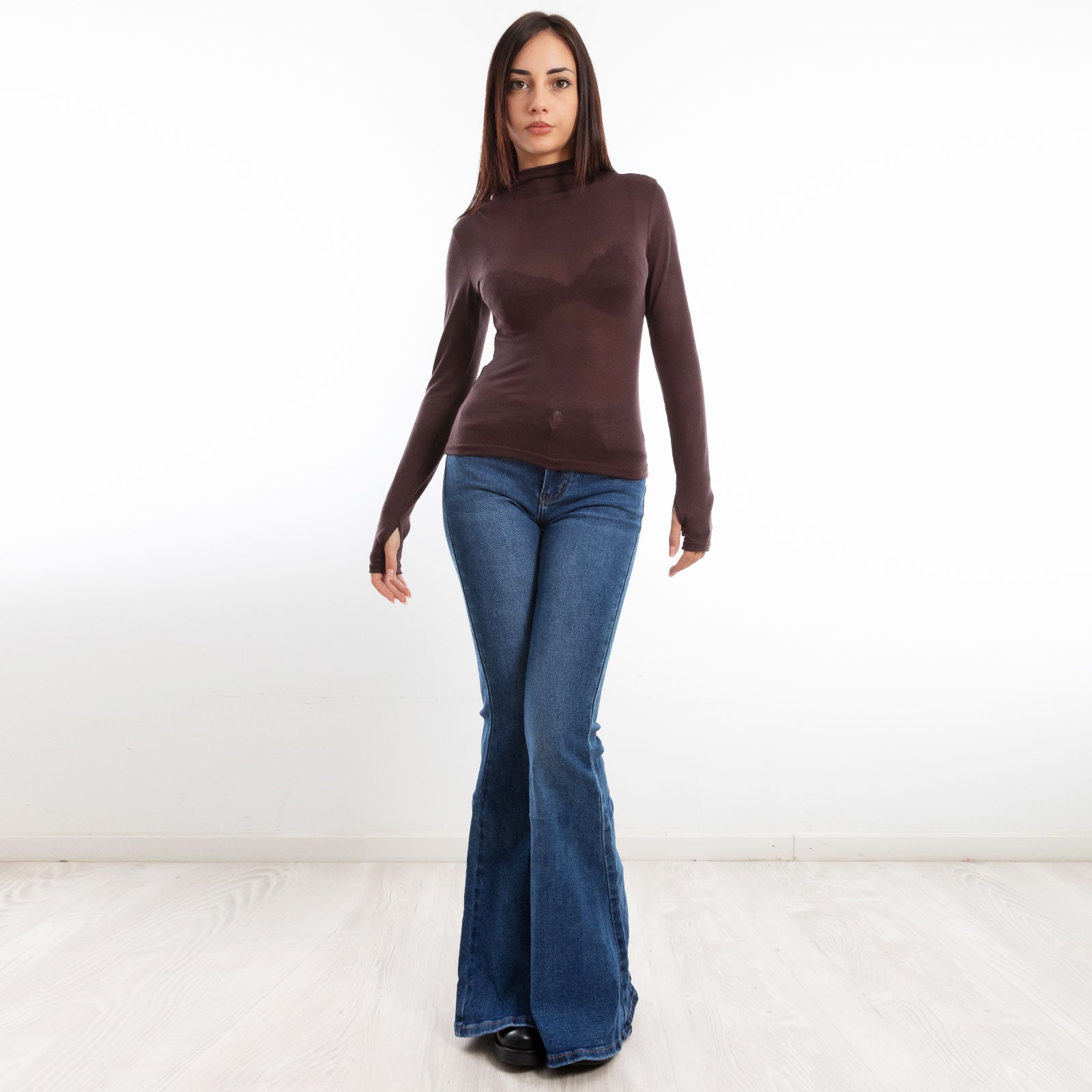 toocool maglia donna blusa maniche lunghe foro per pollice vi 5255