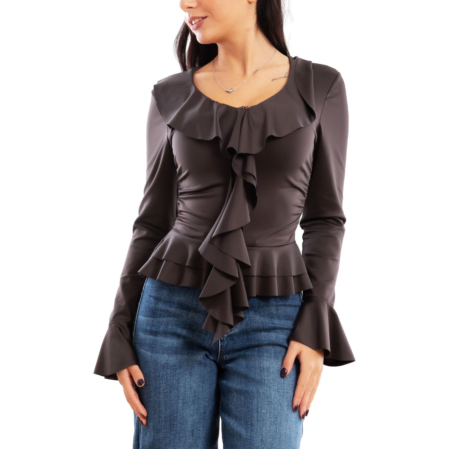 toocool blusa donna elegante elasticizzata con ruches e volant maniche svasate a campana top casual chic toocool vi 8231 nero sm