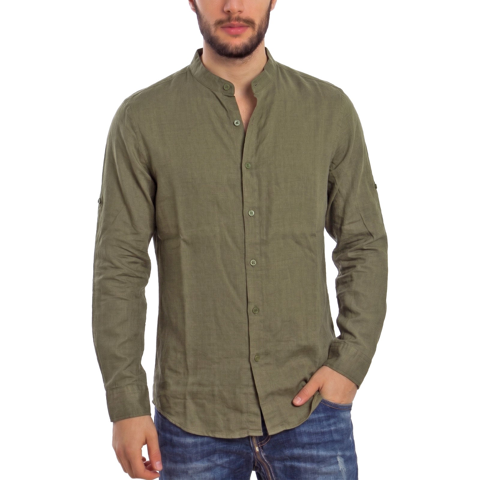 toocool camicia uomo misto lino maniche lunghe bottone regolabile collo alla coreana toocool z 909 nero s