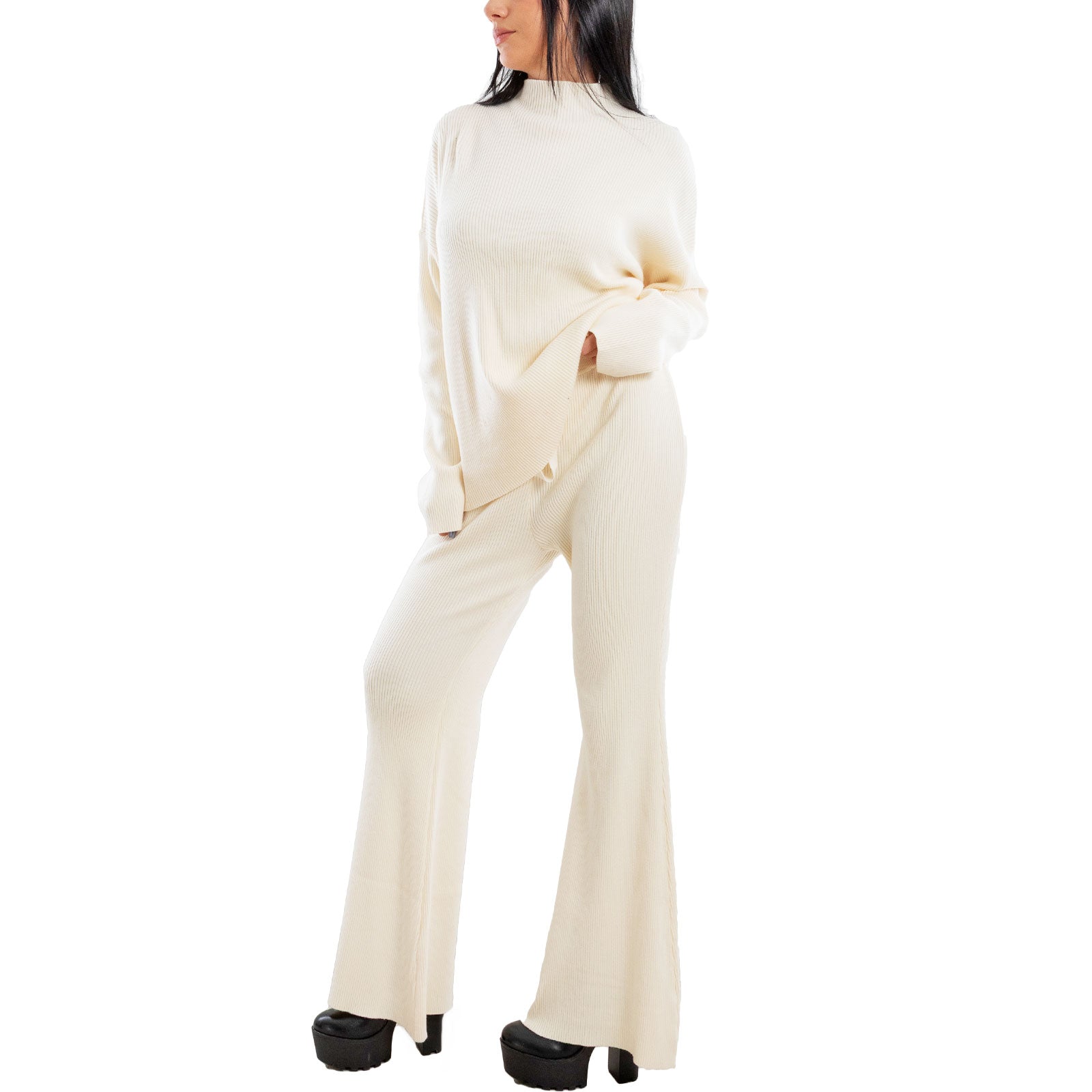 toocool completo donna maglia costine 2 pezzi set coordinato alto pantaloni zampa laccio tuta casual loungewear 59111