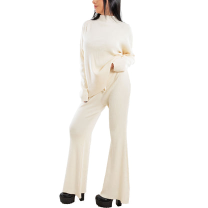 toocool completo donna maglia costine 2 pezzi set coordinato alto pantaloni zampa laccio tuta casual loungewear 59111