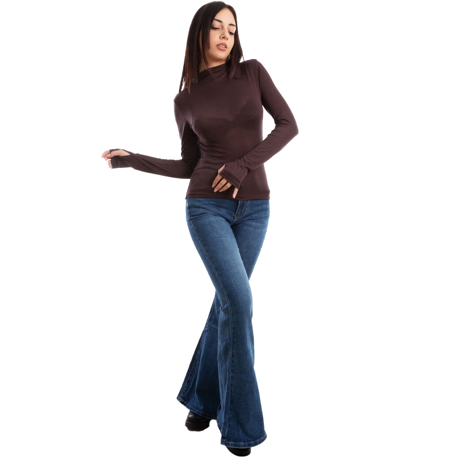 toocool maglia donna blusa maniche lunghe foro per pollice vi 5255