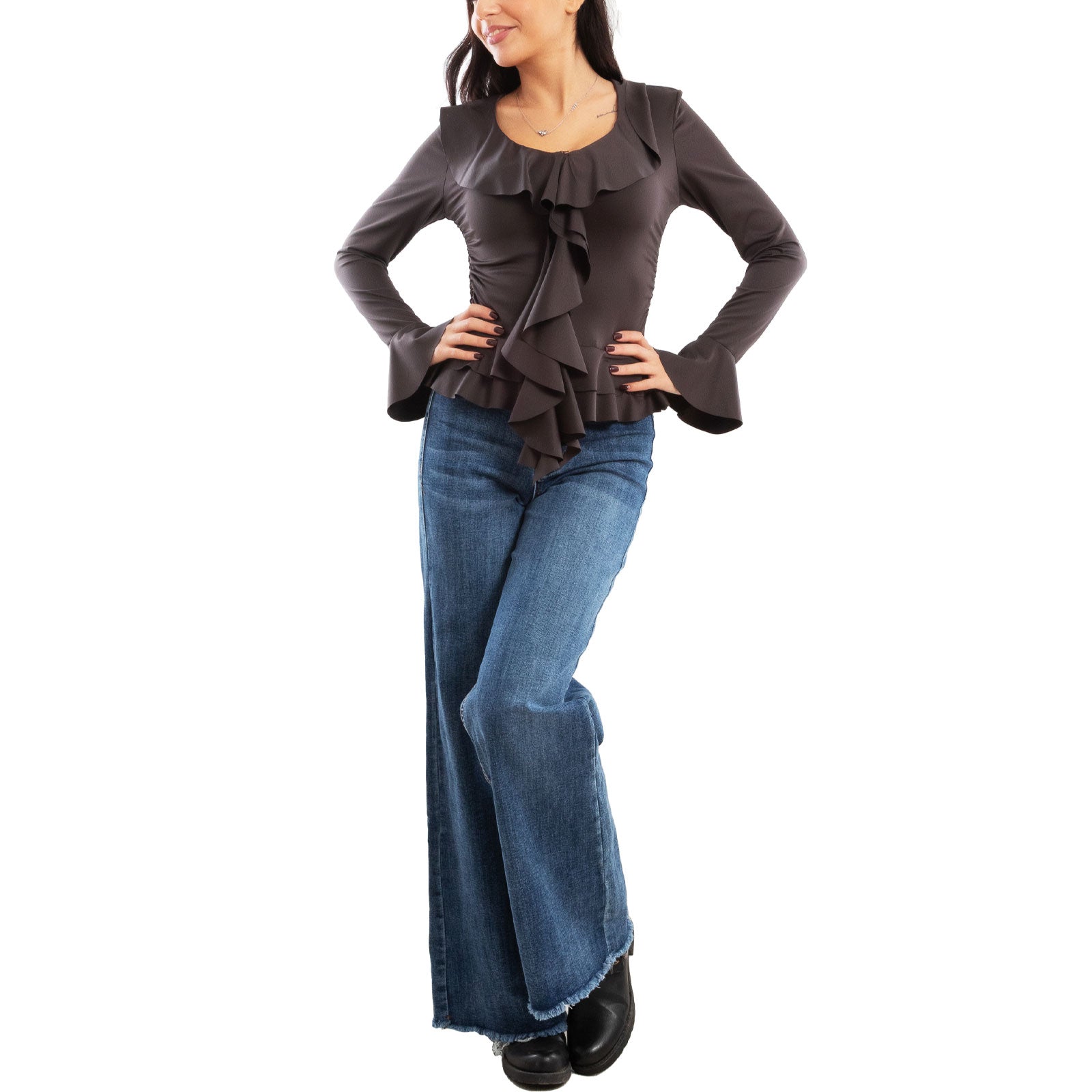 toocool blusa donna elegante elasticizzata con ruches e volant maniche svasate a campana top casual chic toocool vi 8231 nero sm