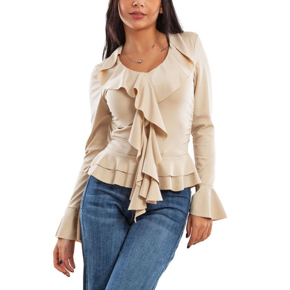 toocool blusa donna elegante elasticizzata con ruches e volant maniche svasate a campana top casual chic toocool vi 8231 nero sm