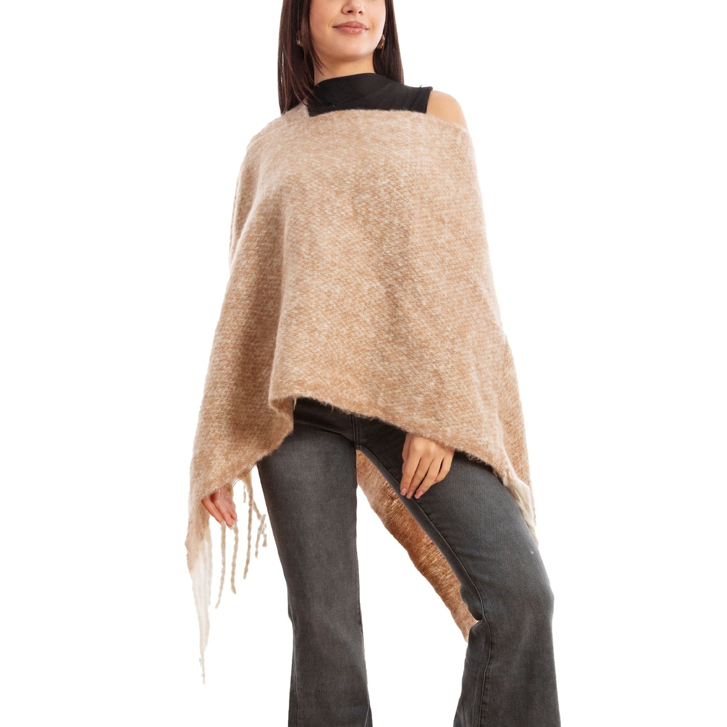toocool poncho donna coprispalle mantella tricot caldo frange scialle lana toocool a302 nero taglia unica