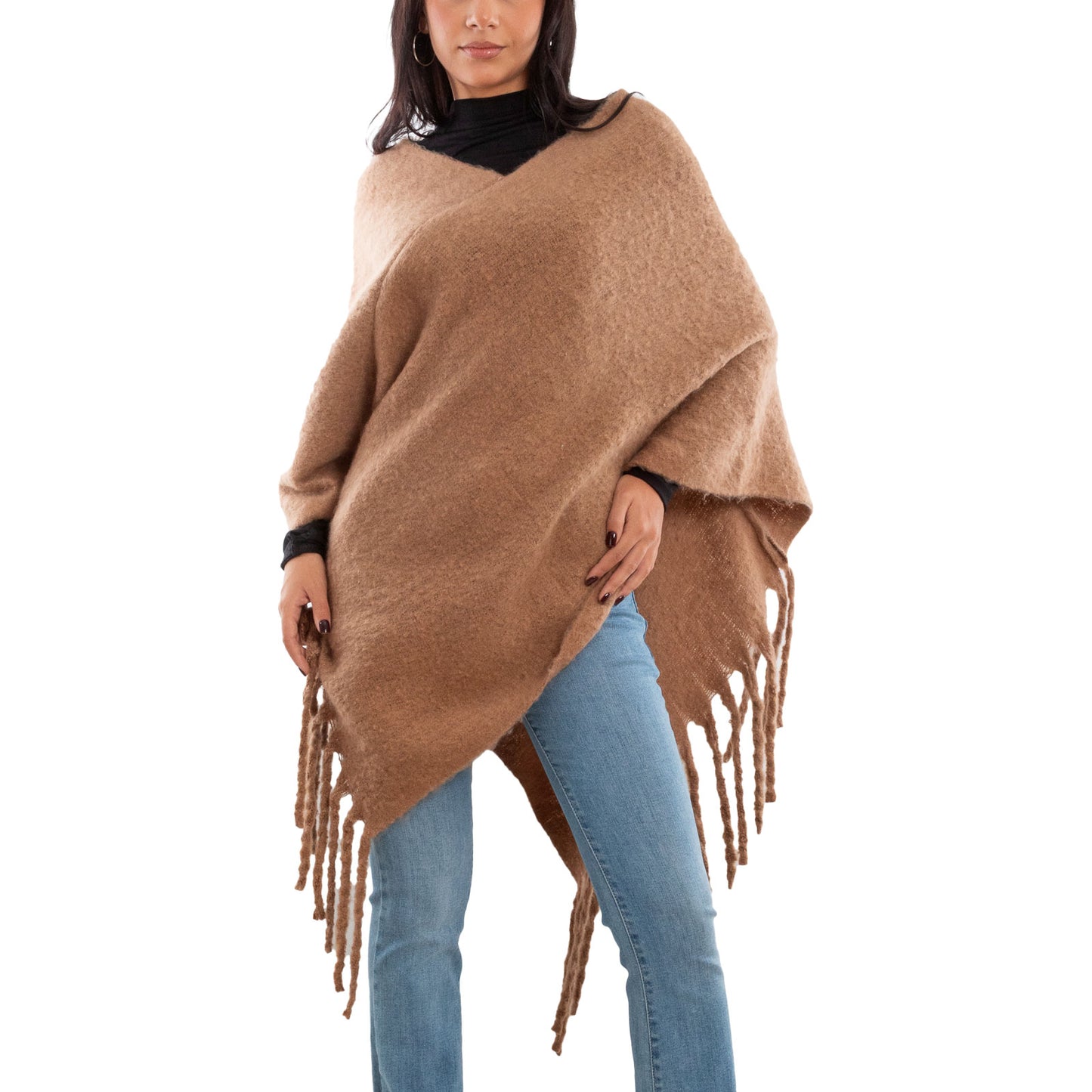 toocool poncho donna coprispalle mantella tricot caldo frange scialle lana toocool bs a301 nero taglia unica