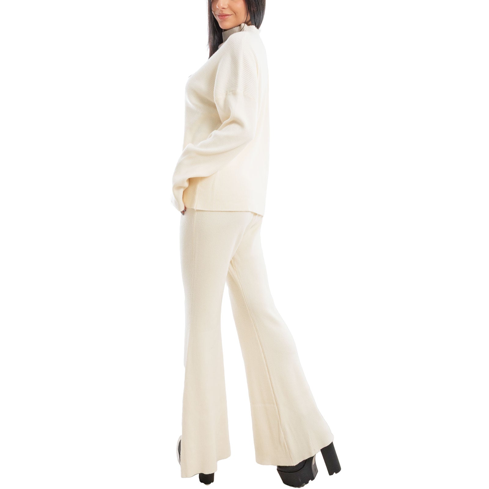 toocool completo donna maglia costine 2 pezzi set coordinato alto pantaloni zampa laccio tuta casual loungewear 59111
