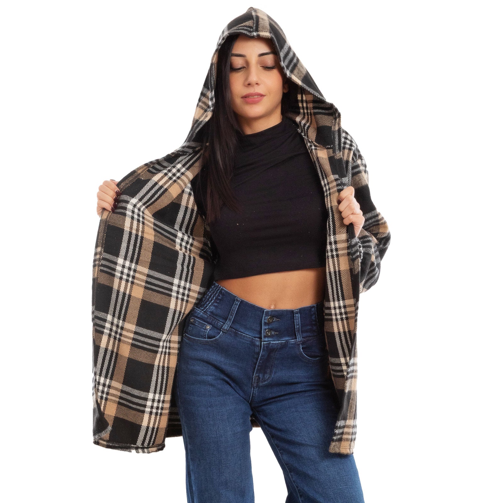 toocool giacca donna blazer felpa cardigan flanella cappuccio scozzese quadri toocool vi 5790 nero sl