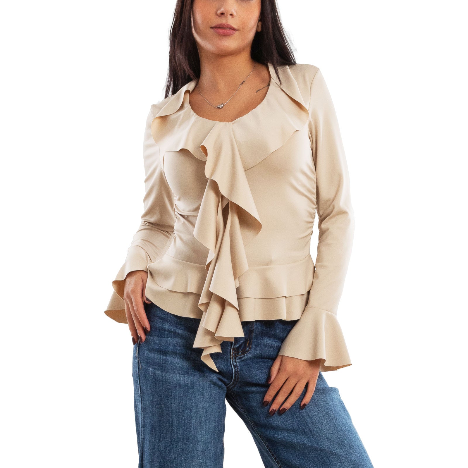 toocool blusa donna elegante elasticizzata con ruches e volant maniche svasate a campana top casual chic toocool vi 8231 nero sm