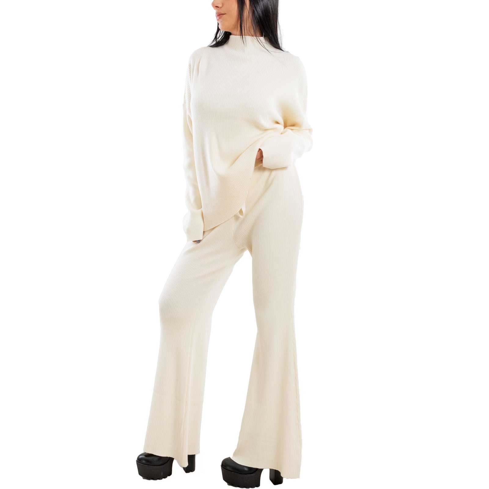 toocool completo donna maglia costine 2 pezzi set coordinato alto pantaloni zampa laccio tuta casual loungewear 59111