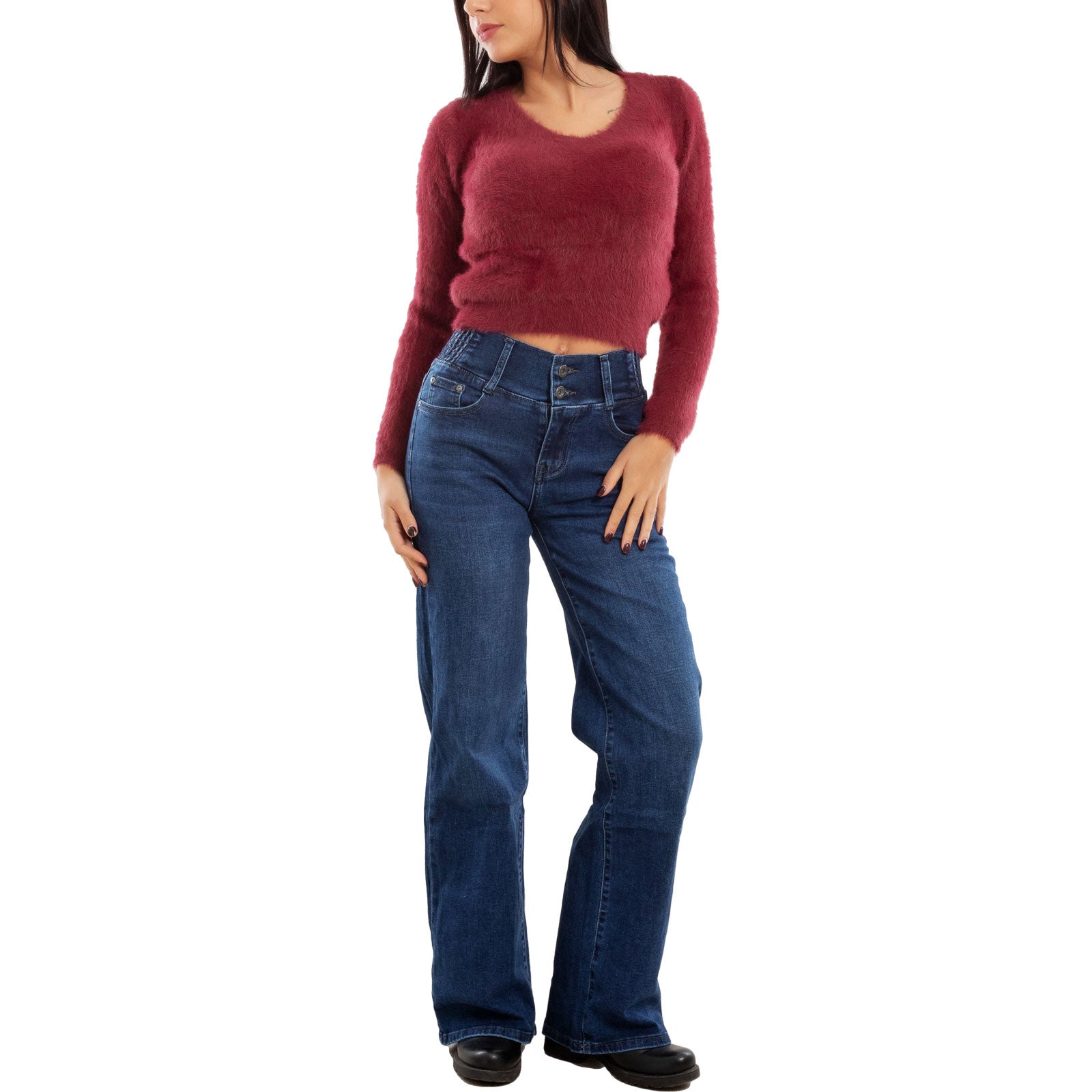 toocool maglione donna peloso pullover corto aderente invernale scollo v toocool 9390 nero sm