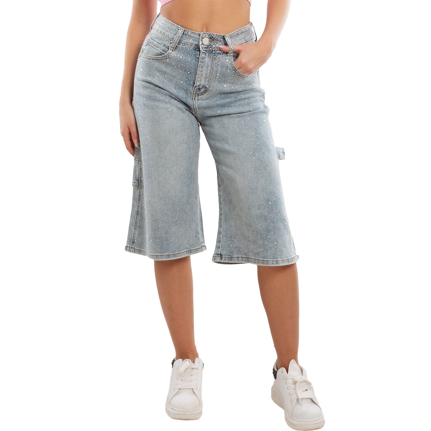 toocool bermuda jeans donna al ginocchio strass pantaloni denim gamba larga taglio carpenter lm762