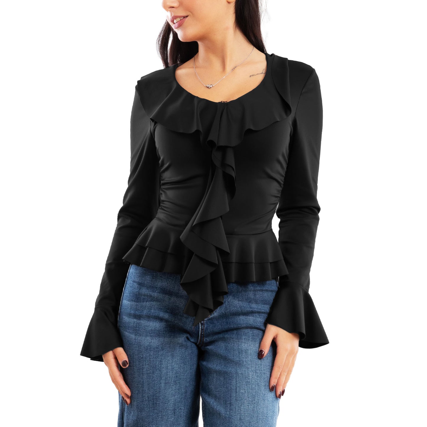 toocool blusa donna elegante elasticizzata con ruches e volant maniche svasate a campana top casual chic toocool vi 8231 nero sm