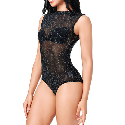 toocool body donna elegante in mesh trasparente con strass luminosi senza maniche intimo velato toocool xys3612 nero sm