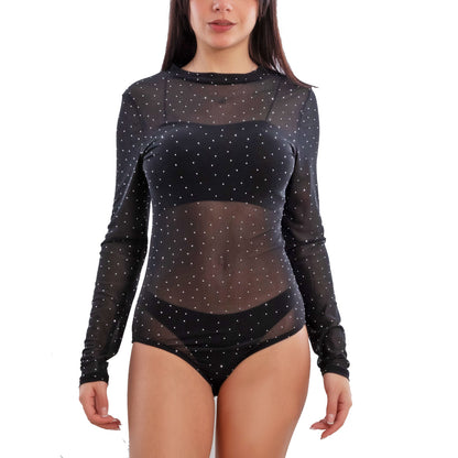 toocool body donna velato trasparente con strass luccicanti maniche lunghe sottogiacca elegante feste e serate xys3392