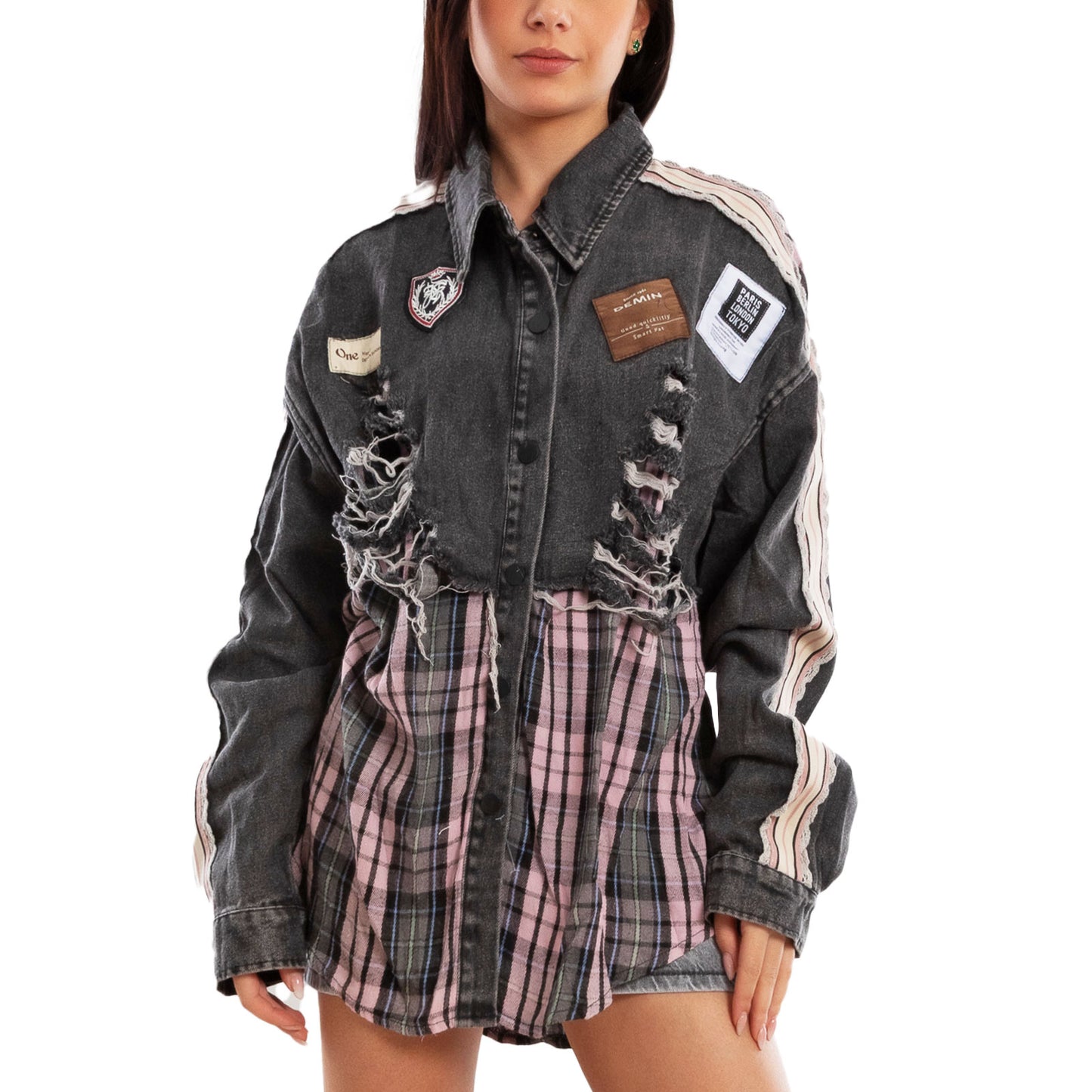 toocool camicia oversize donna denim distressed quadri giacca leggera multimaterica patch strappata urban streetwear toocool vi 9473 grigio rosa sl