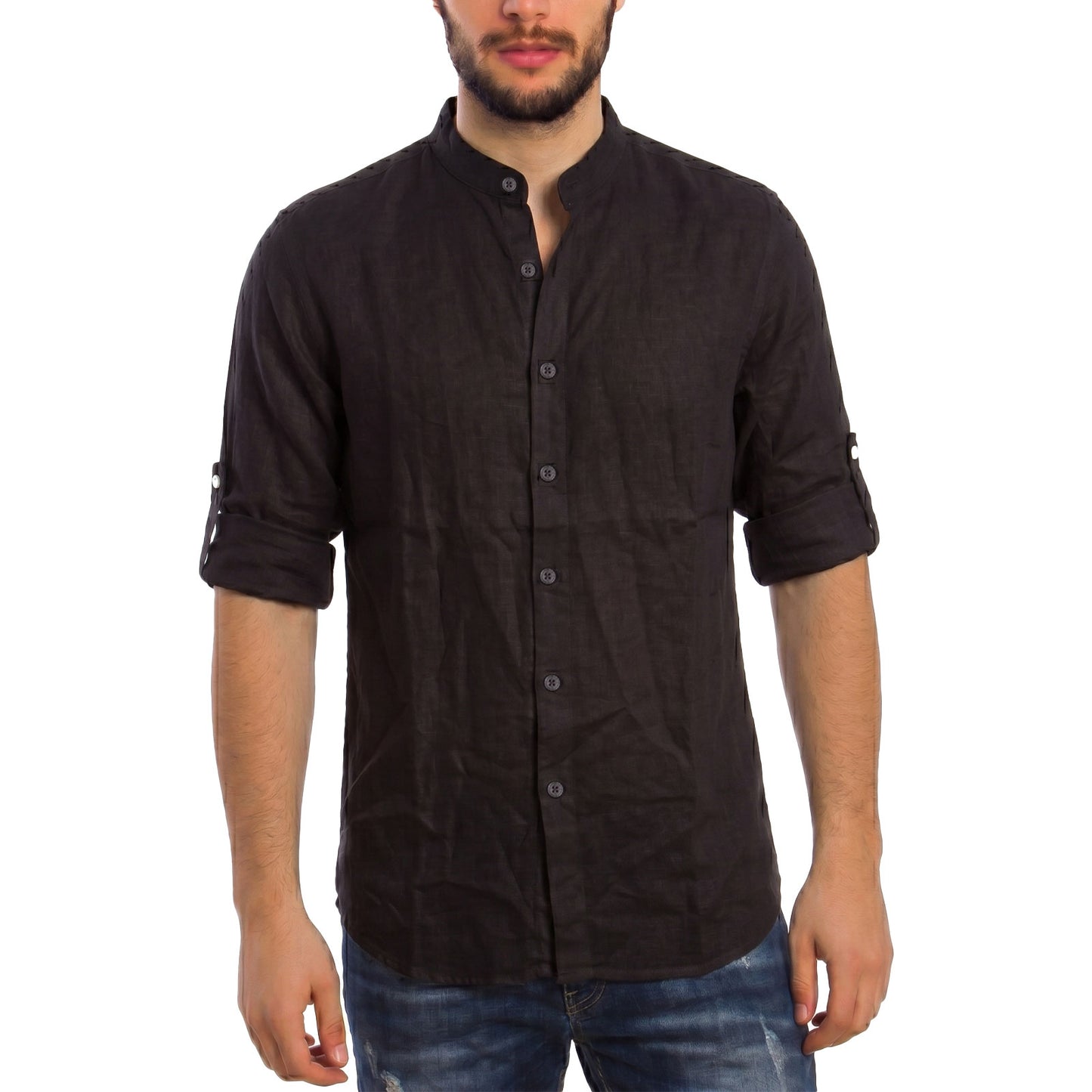 toocool camicia uomo misto lino maniche lunghe bottone regolabile collo alla coreana toocool z 909 nero s