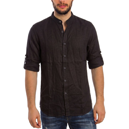 toocool camicia uomo misto lino maniche lunghe bottone regolabile collo alla coreana toocool z 909 nero s