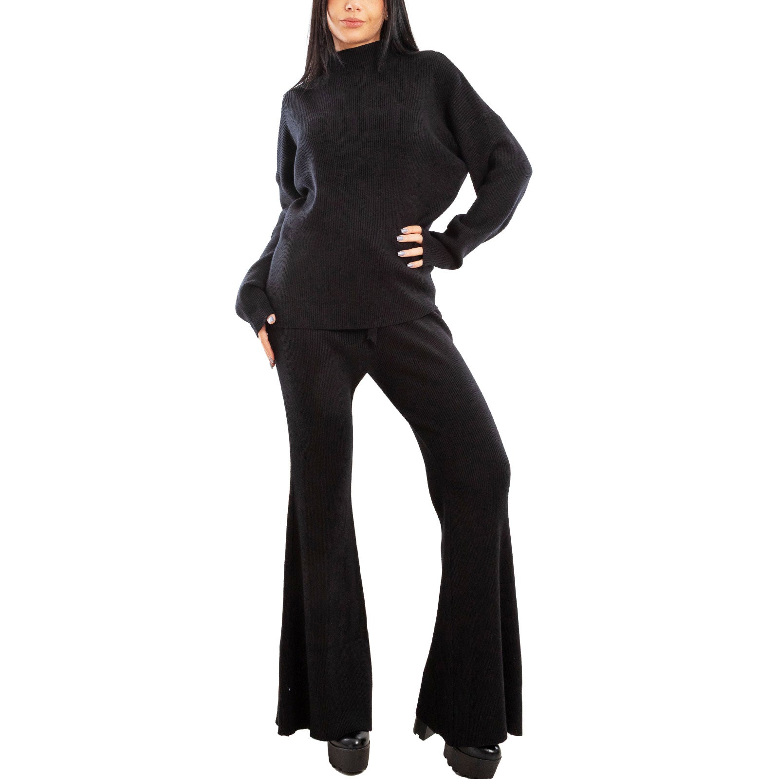 toocool completo donna maglia costine 2 pezzi set coordinato alto pantaloni zampa laccio tuta casual loungewear 59111