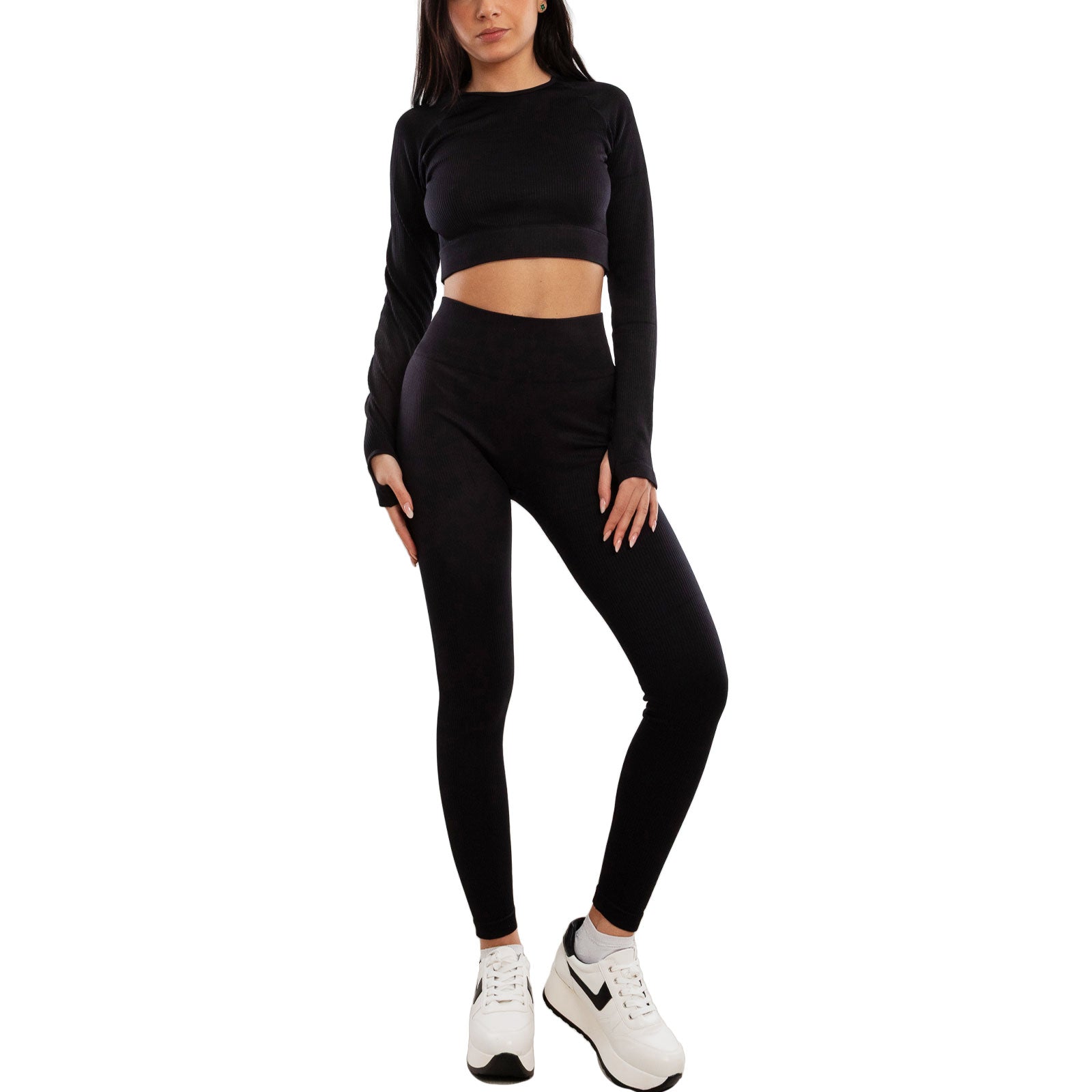toocool completo sportivo donna 2 pezzi set palestra seamless costine top crop foro per pollice leggings push up vita alta toocool s90077 nero sm