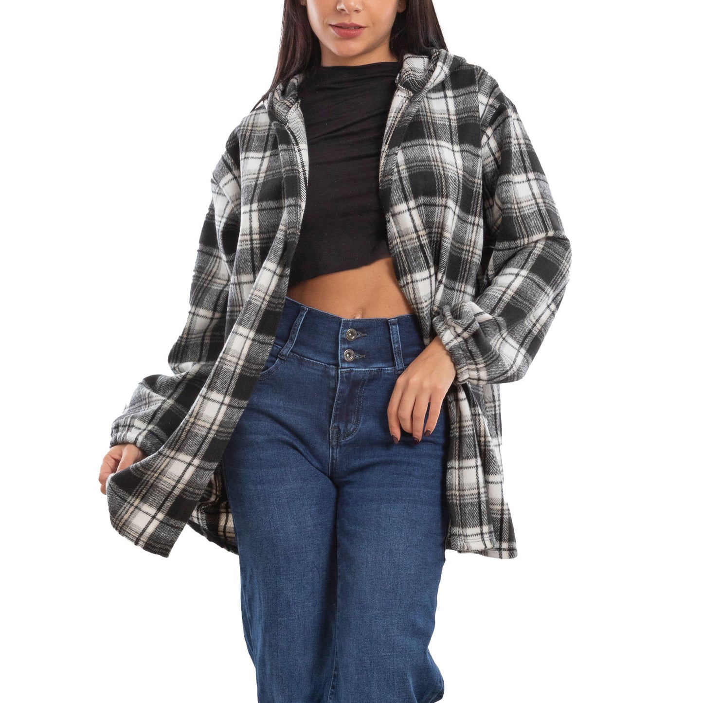 toocool giacca donna blazer felpa cardigan flanella cappuccio scozzese quadri toocool vi 5790 nero sl