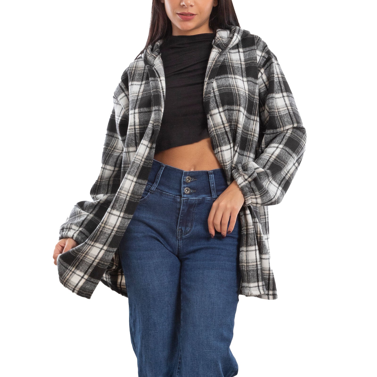 toocool giacca donna blazer felpa cardigan flanella cappuccio scozzese quadri toocool vi 5790 nero sl