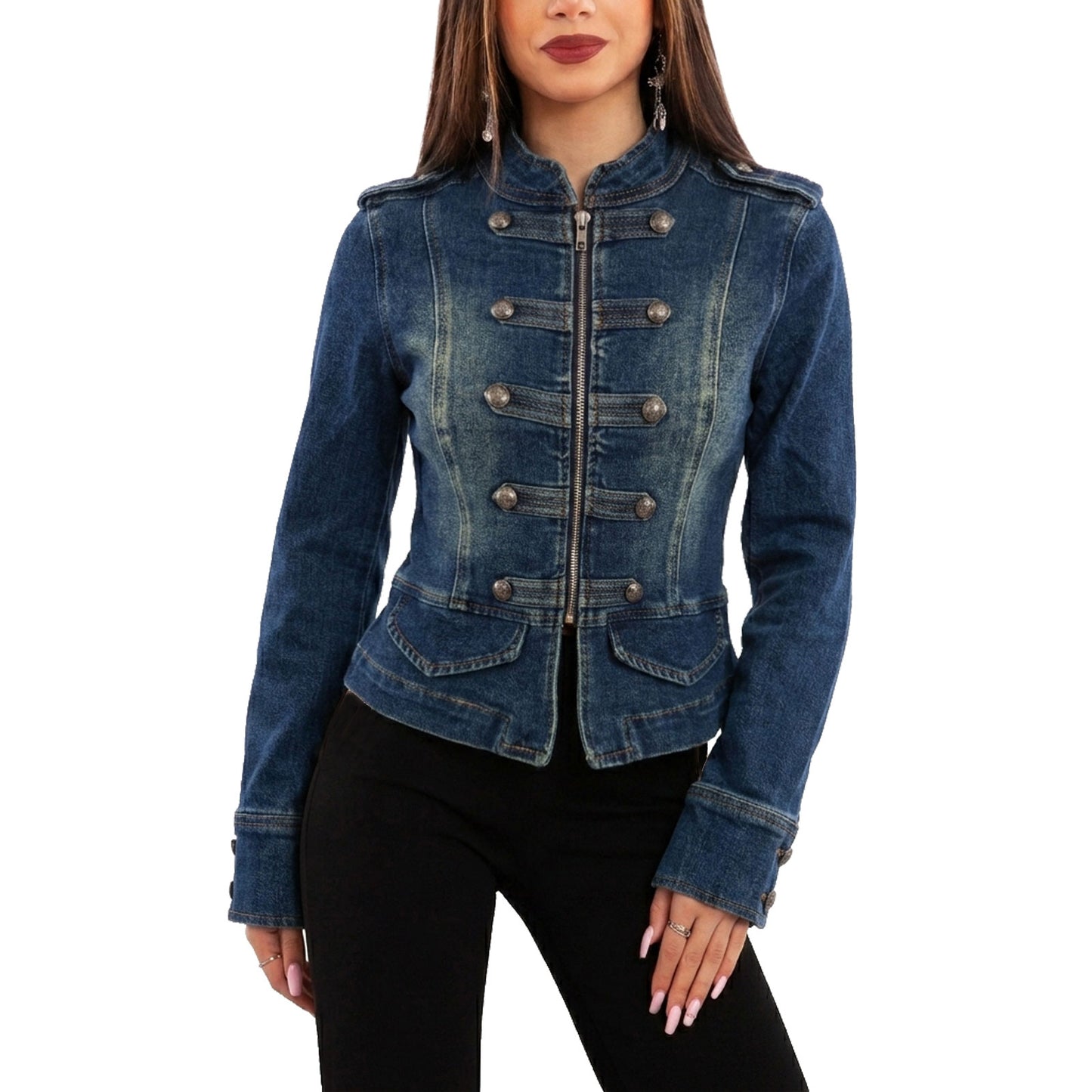 toocool giacca giubbotto jeans donna stile militare zip toocool jf672a blu xs