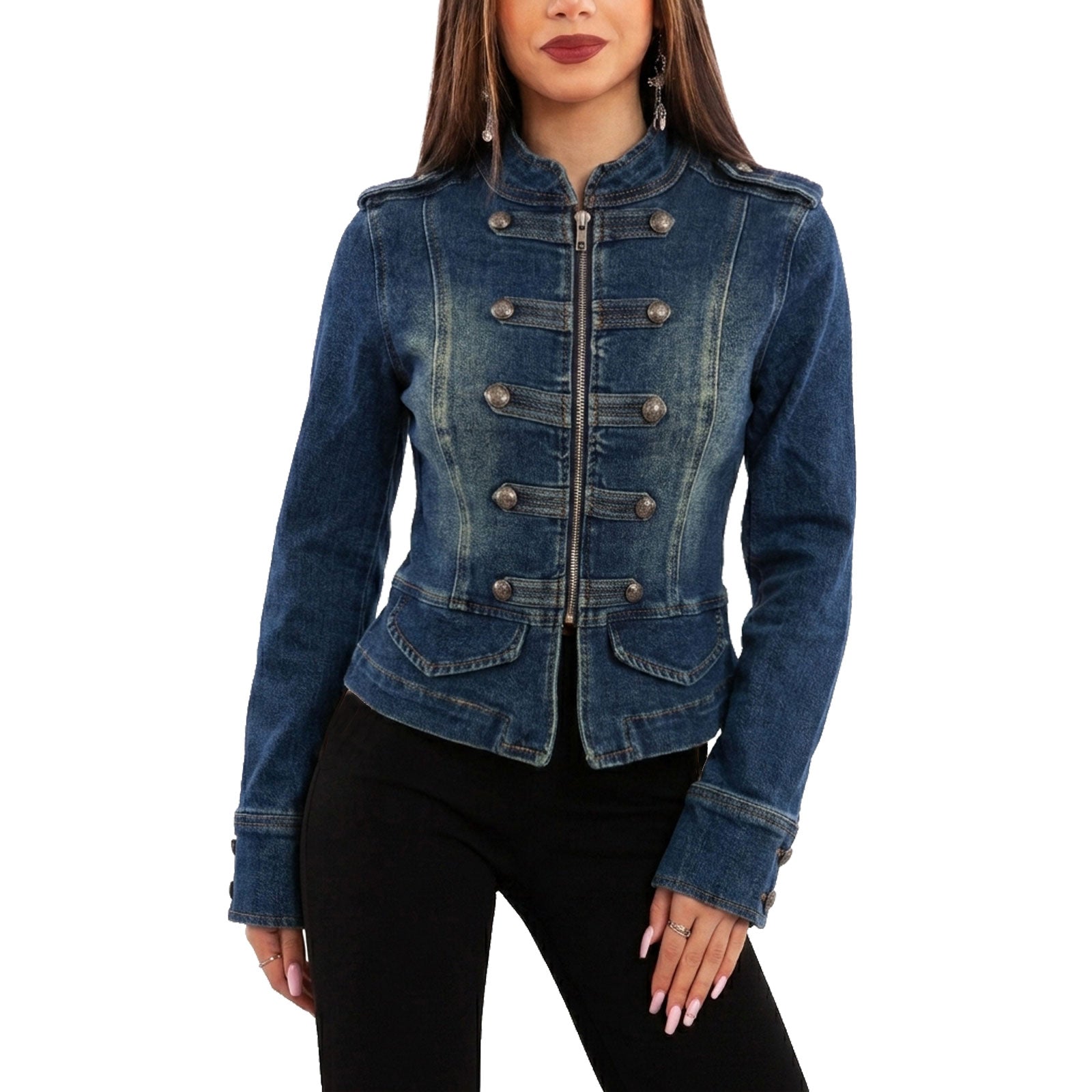 toocool giacca giubbotto jeans donna stile militare zip toocool jf672a blu xs