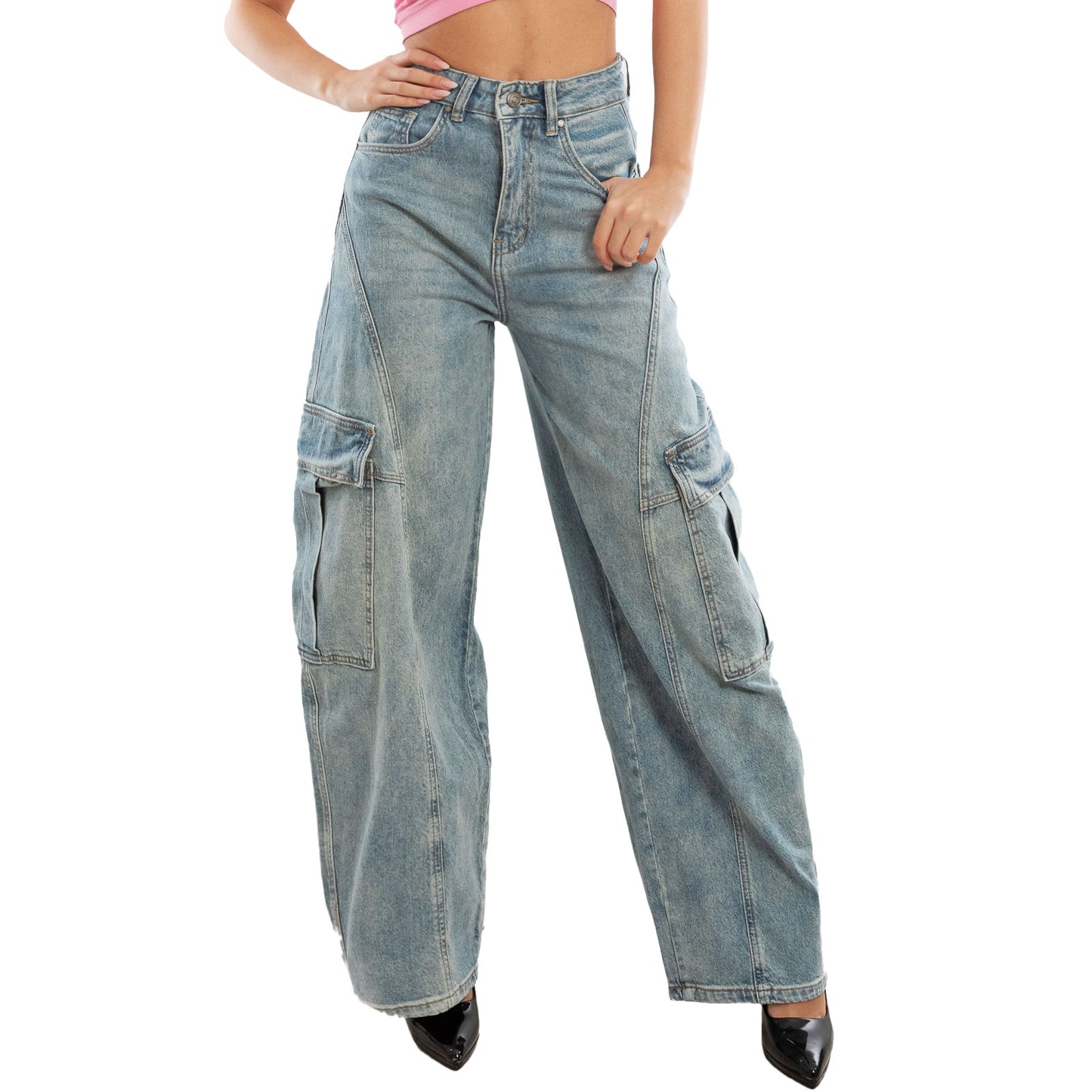 toocool jeans cargo barrel fit donna vita alta pantaloni denim gamba larga tasconi laterali relaxed toocool fx854 blu xs