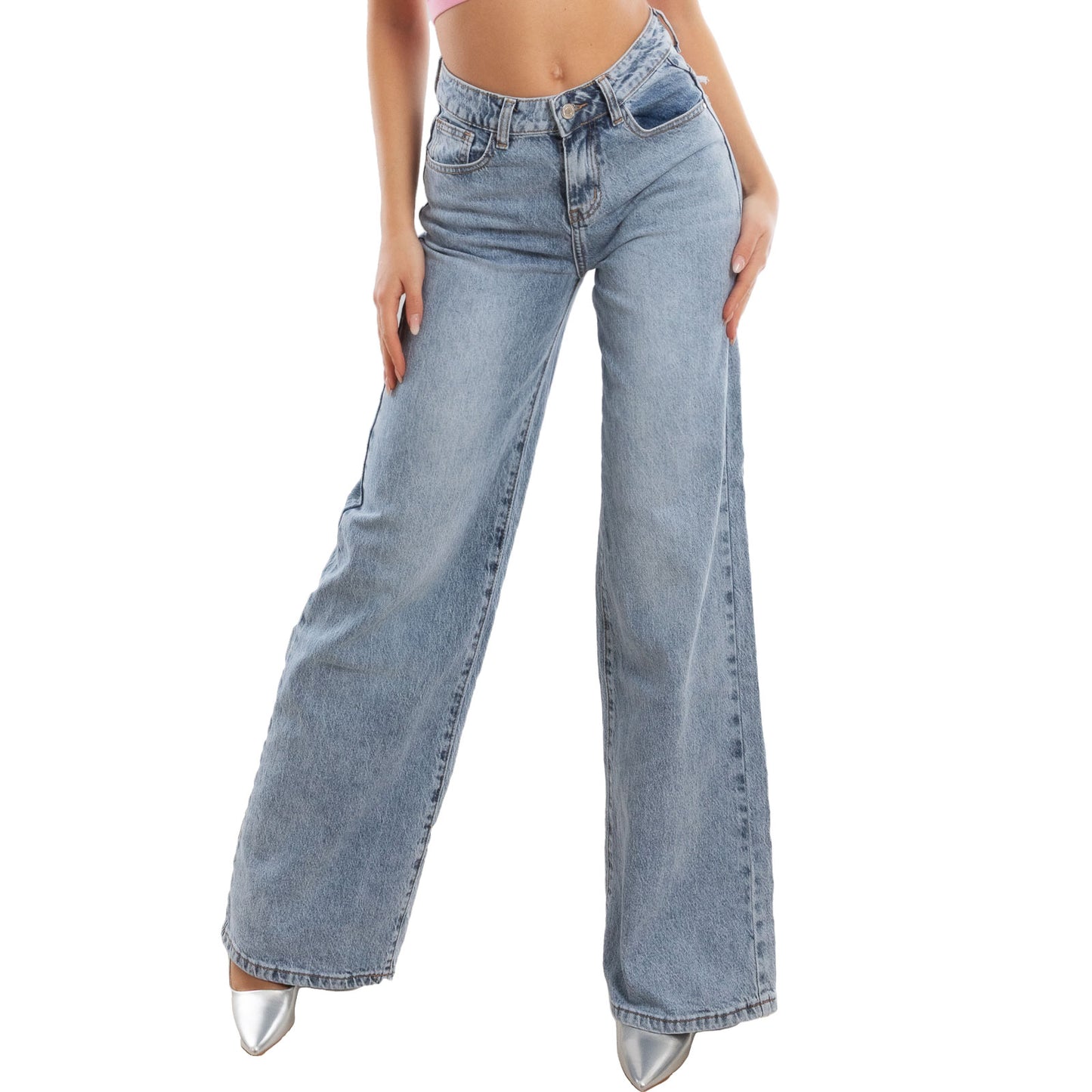 toocool jeans donna gamba larga tasca rosa glitterata strappi decorativi pantaloni denim wide leg vita alta toocool yw 1629e blu xs