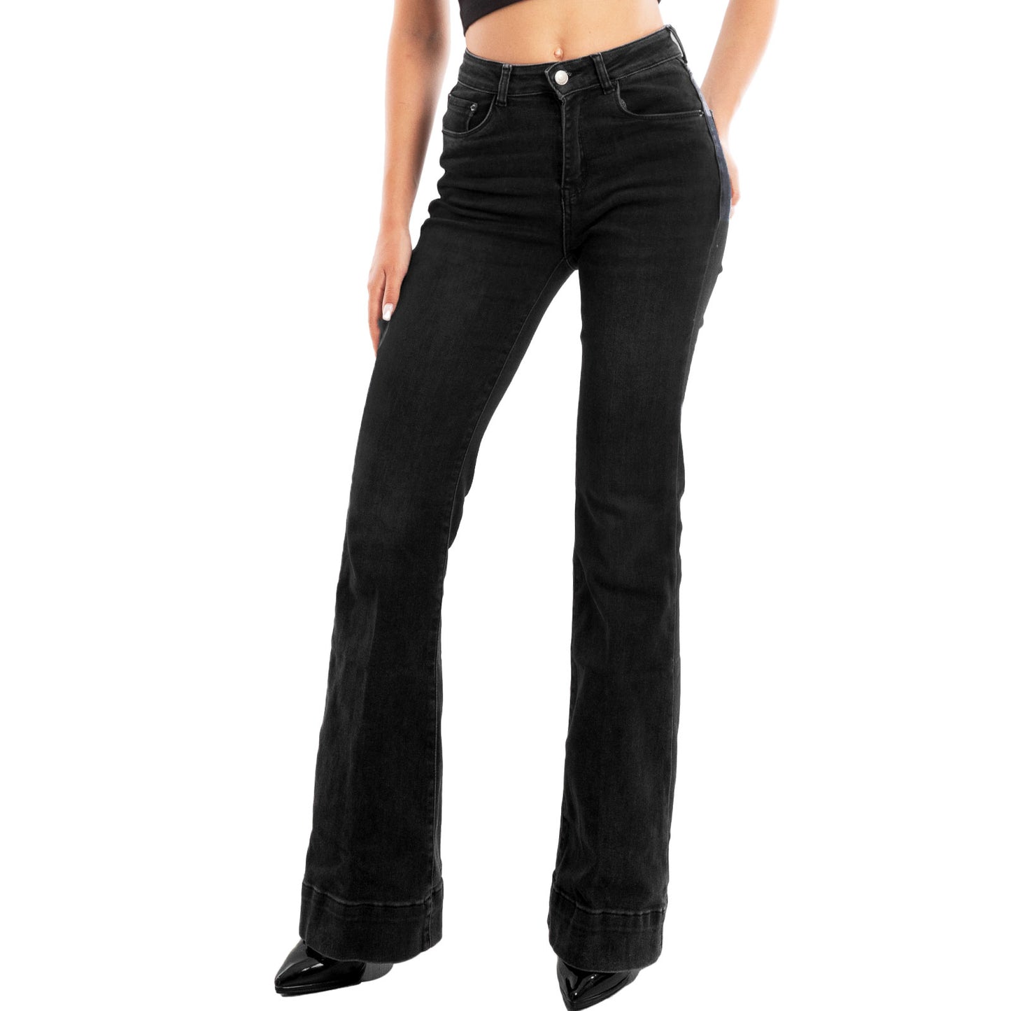 toocool jeans donna pantaloni campana zampa elefante flare pantaloni elasticizzati vita alta toocool km3560 nero xs