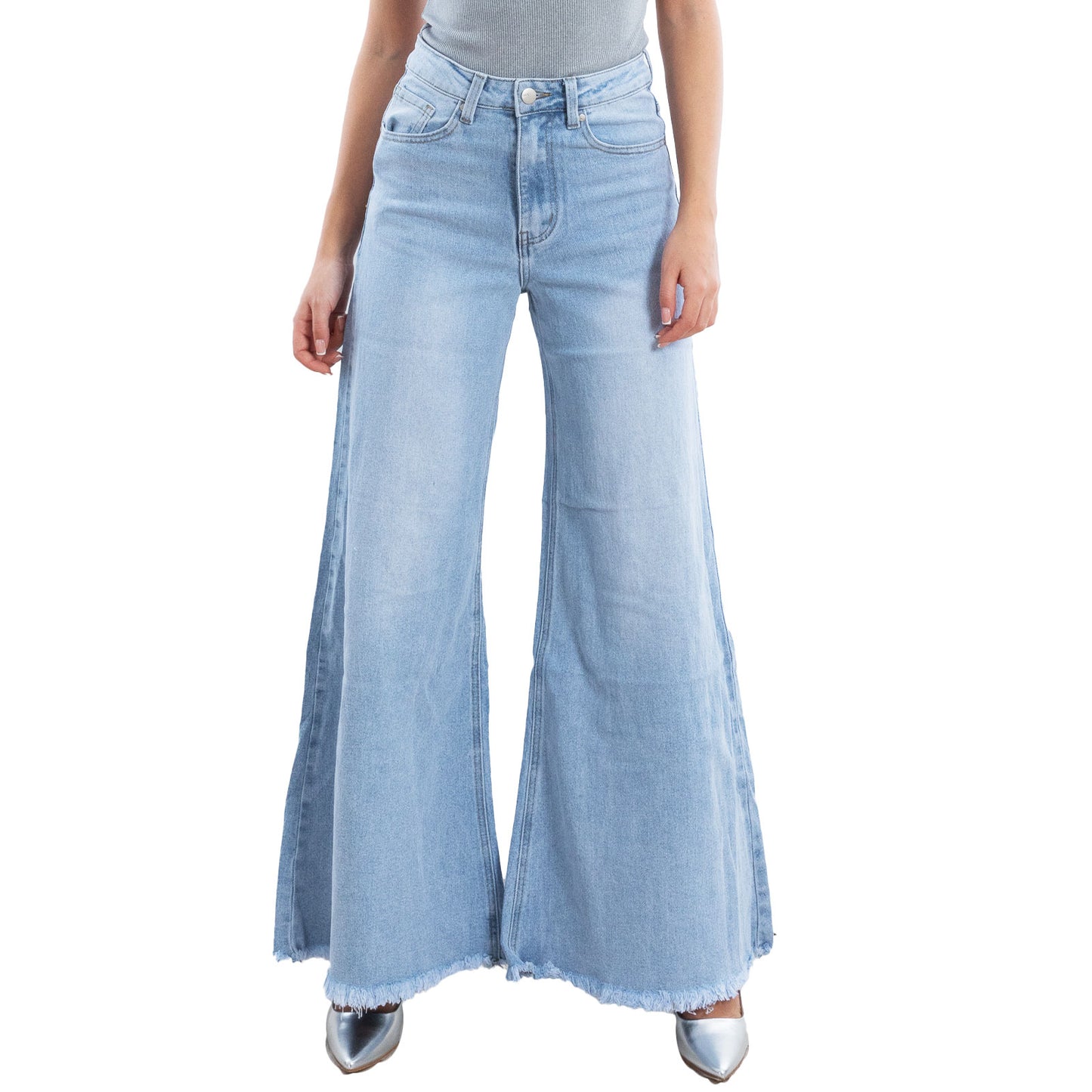 toocool jeans donna zampa larga orlo sfrangiato pantaloni denim flare vita alta lavaggio chiaro stile boho chic toocool fx1243 1 blu xs