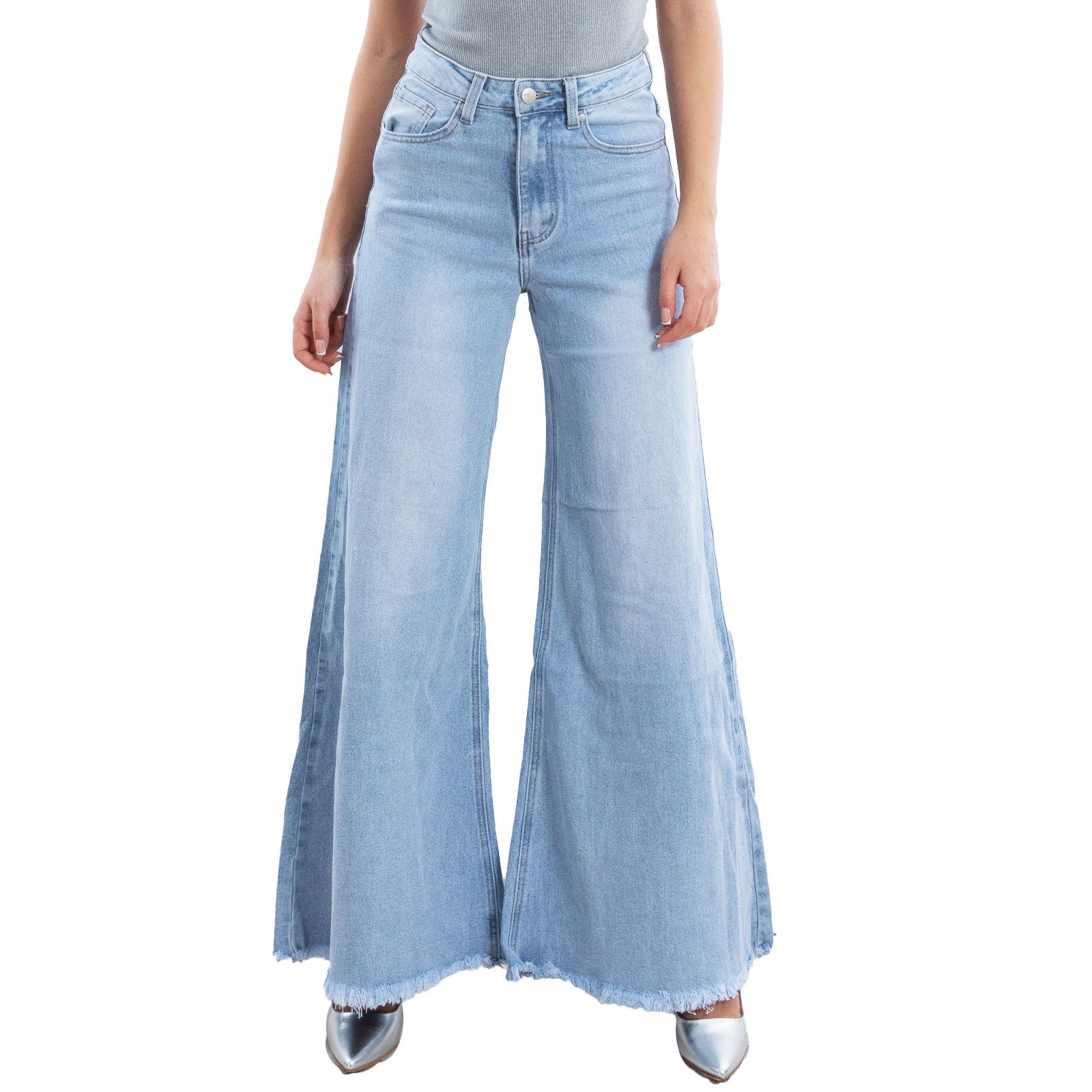 toocool jeans donna zampa larga orlo sfrangiato pantaloni denim flare vita alta lavaggio chiaro stile boho chic toocool fx1243 1 blu xs