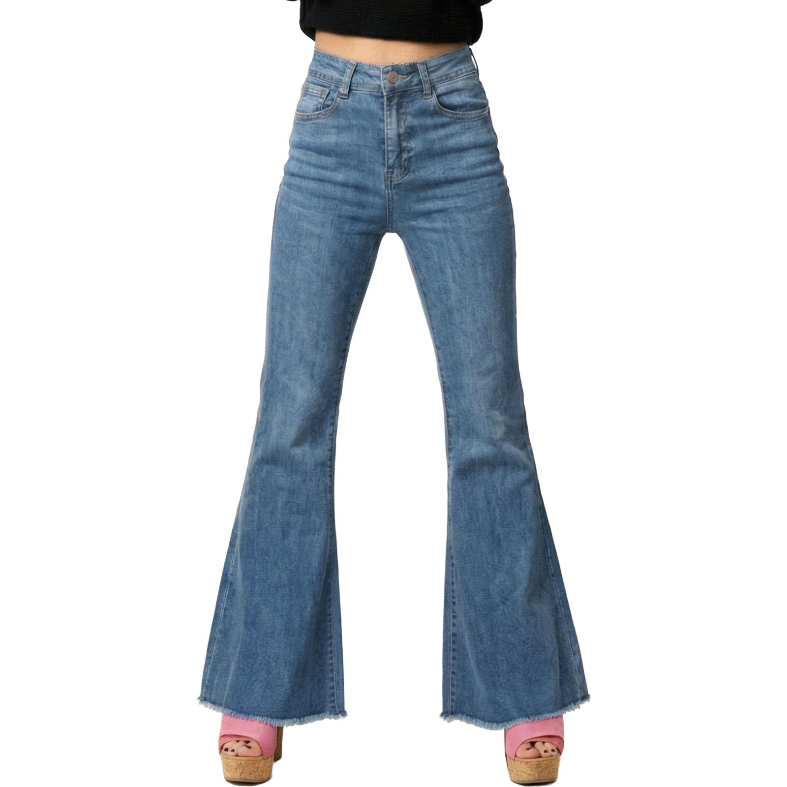 toocool jeans donna zampa larga orlo sfrangiato pantaloni denim flare vita alta stile boho chic toocool y235 blu xs