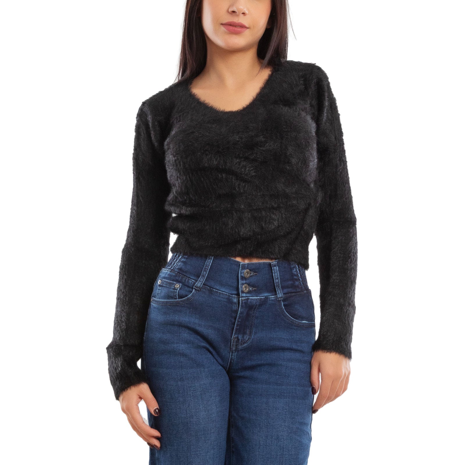 toocool maglione donna peloso pullover corto aderente invernale scollo v toocool 9390 nero sm