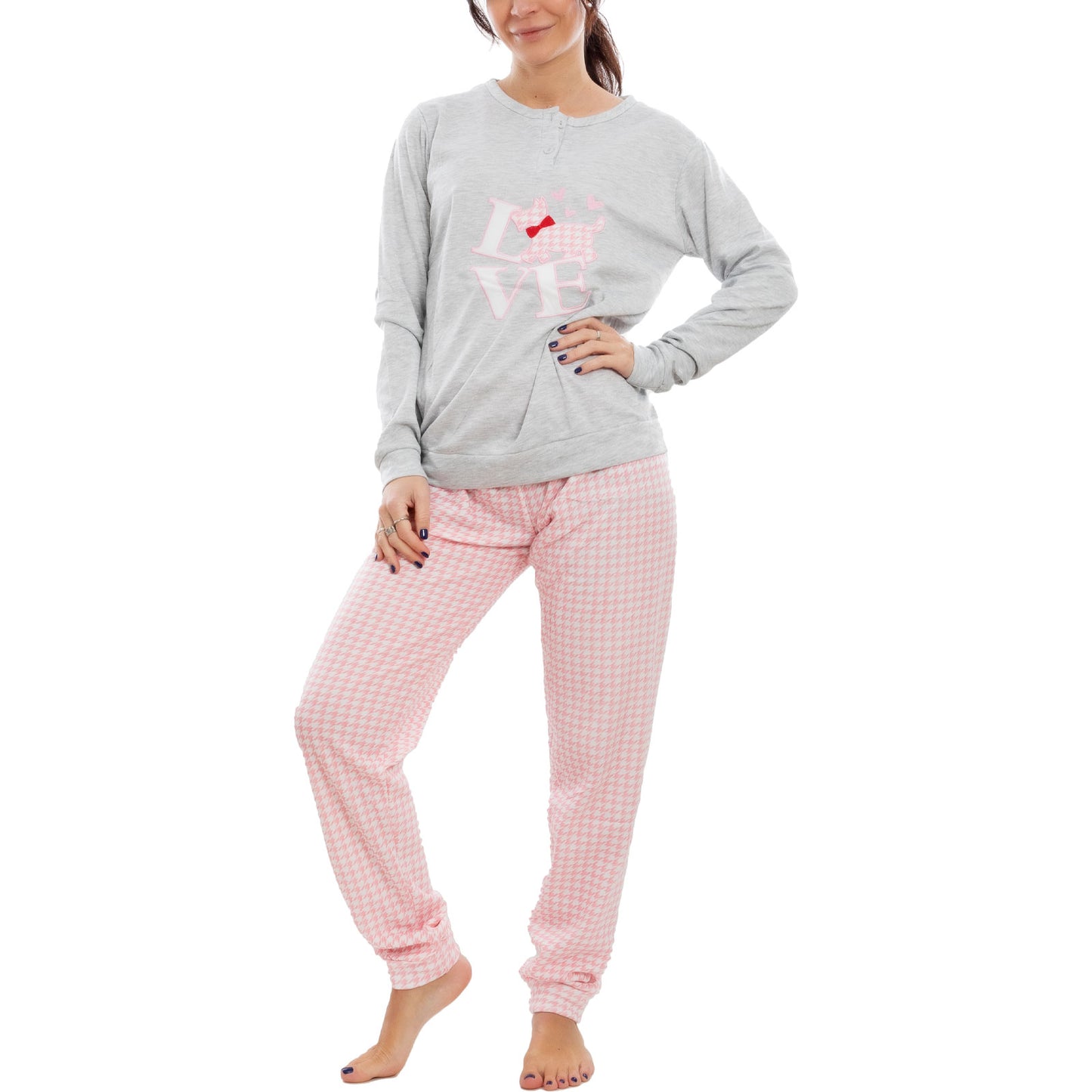 toocool pigiama donna felpato pied de poule maniche lunghe pantaloni completo 2 pezzi toocool c1505 grigio chiaro s