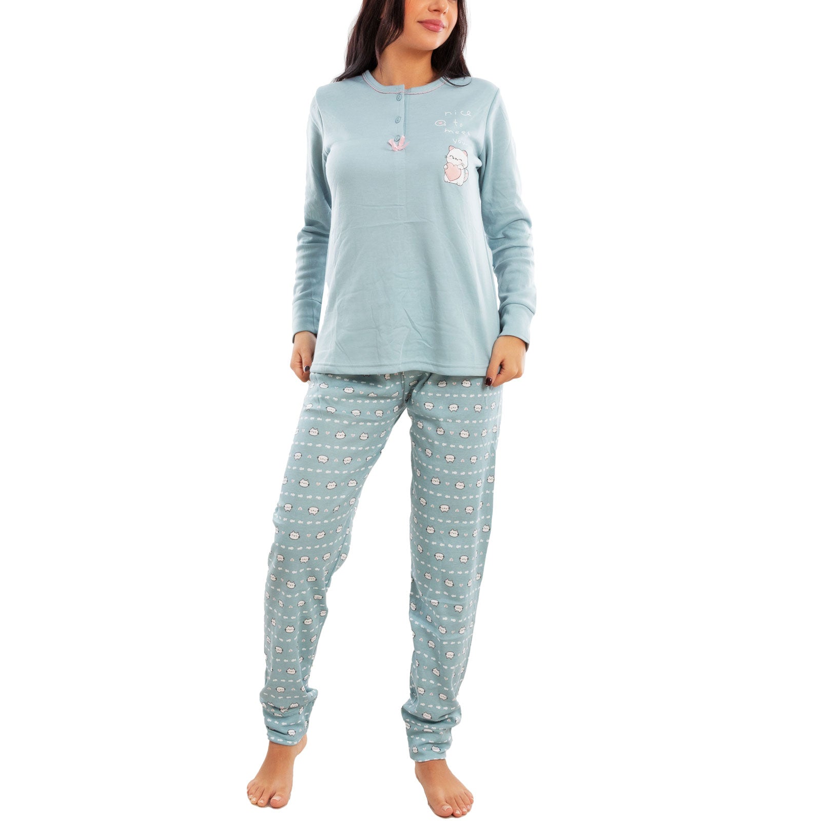 toocool pigiama donna invernale felpato gatti maniche lunghe pantaloni caldo cotone toocool 2141 verde acqua s