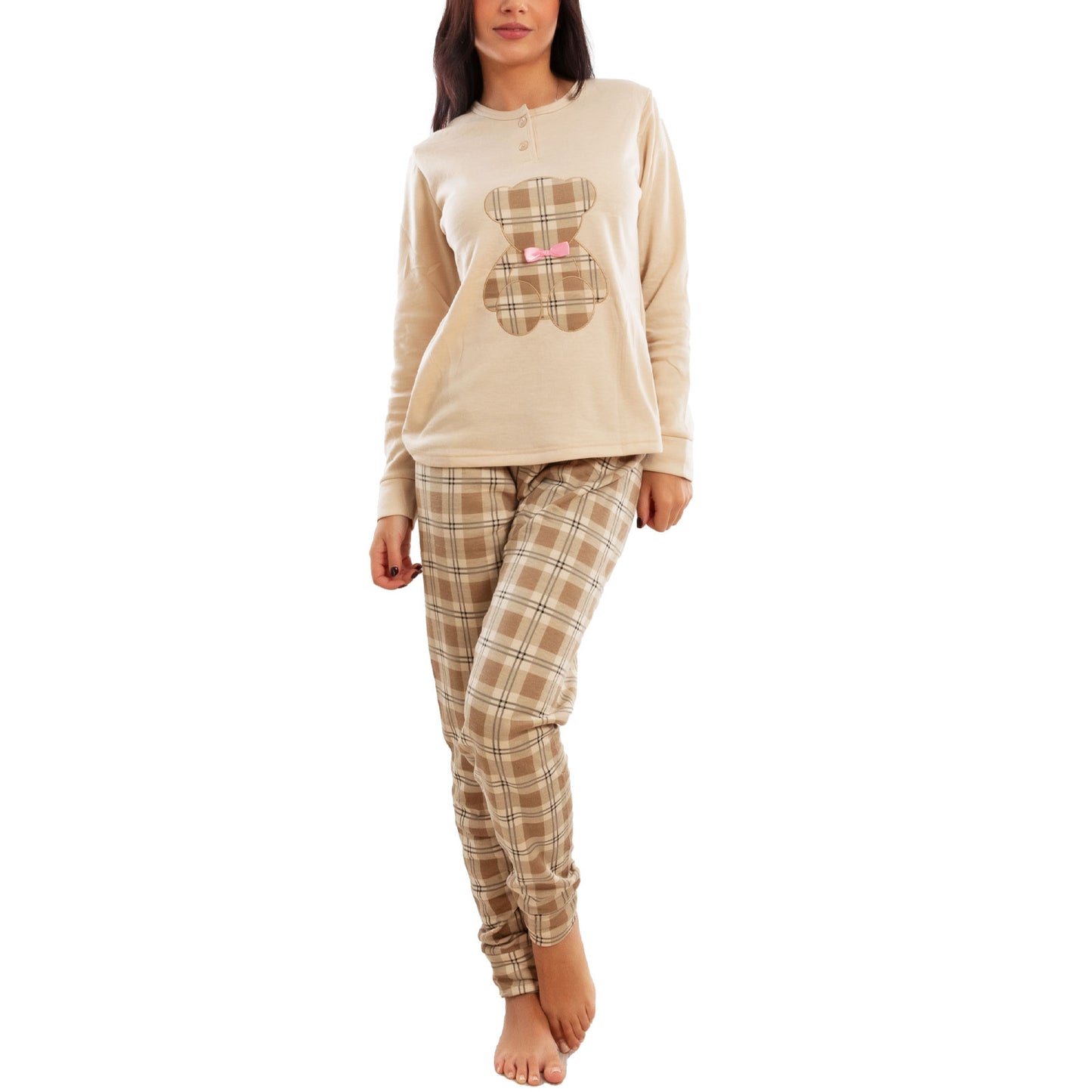 toocool pigiama donna invernale felpato orsetto scozzese caldo cotone maniche lunghe toocool it 6433 beige s