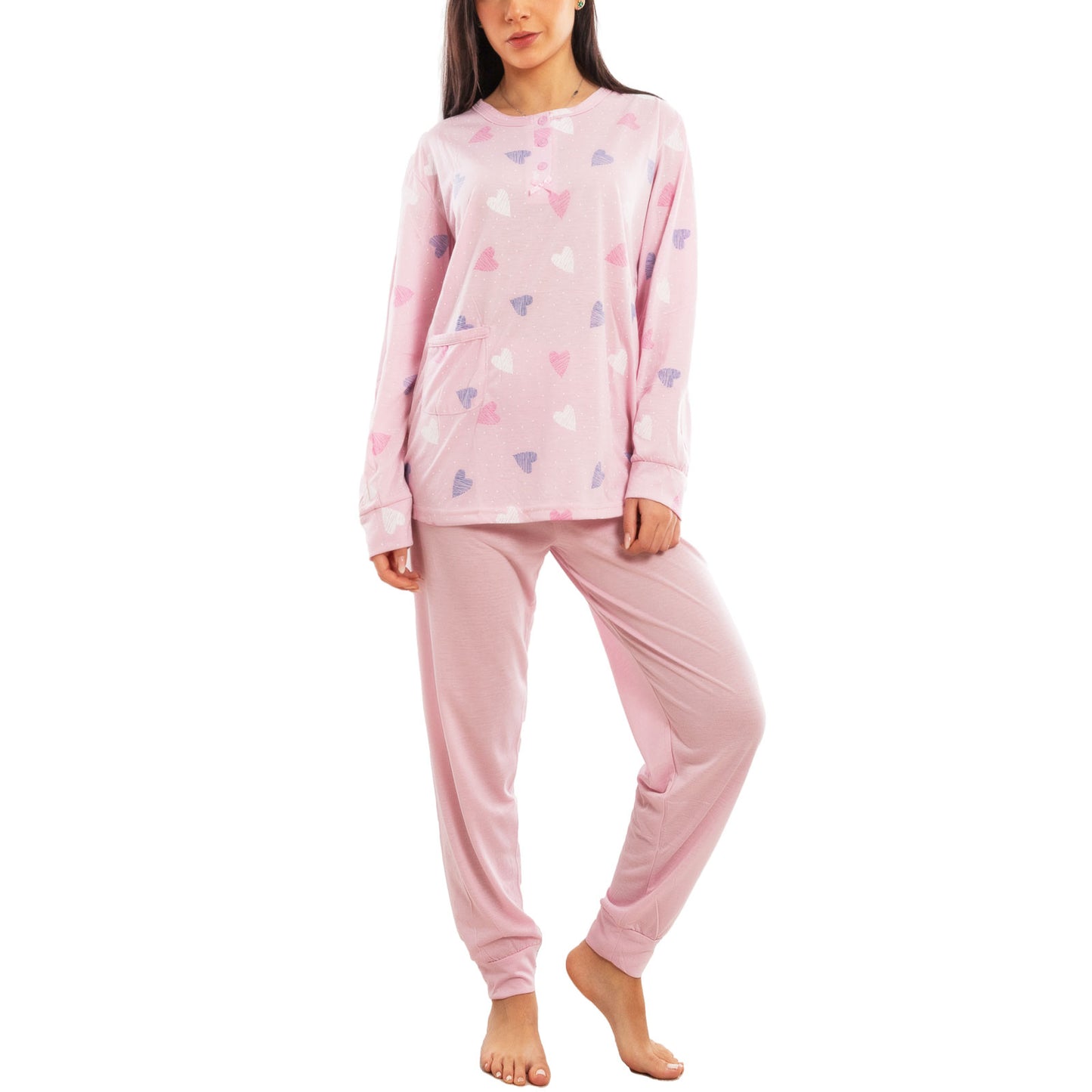 toocool pigiama donna lungo set due pezzi maglia tasca frontale pantalone con polsini design a cuori toocool h48 rosa s