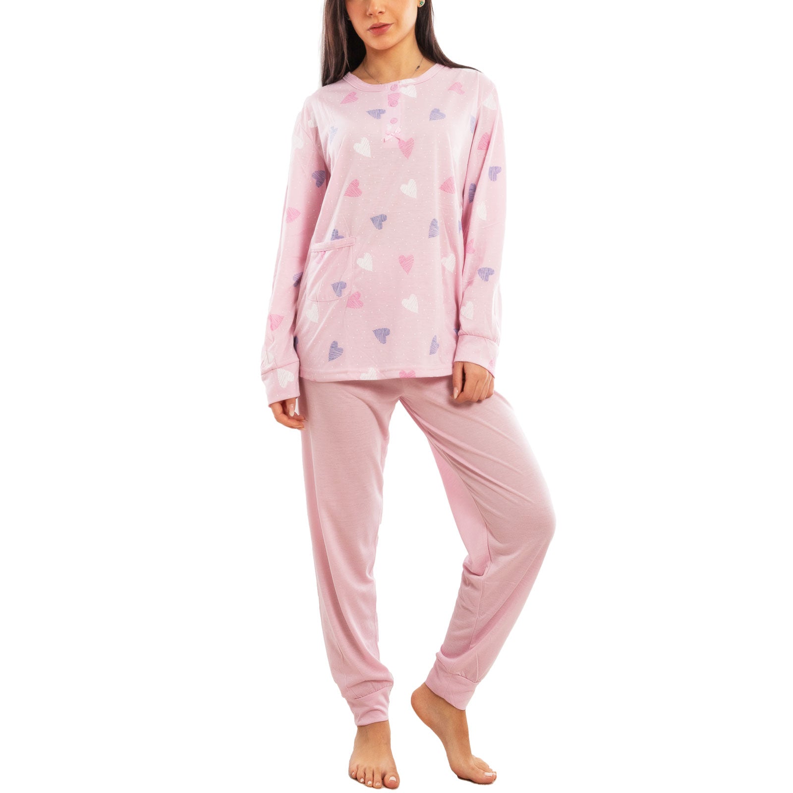 toocool pigiama donna lungo set due pezzi maglia tasca frontale pantalone con polsini design a cuori toocool h48 rosa s