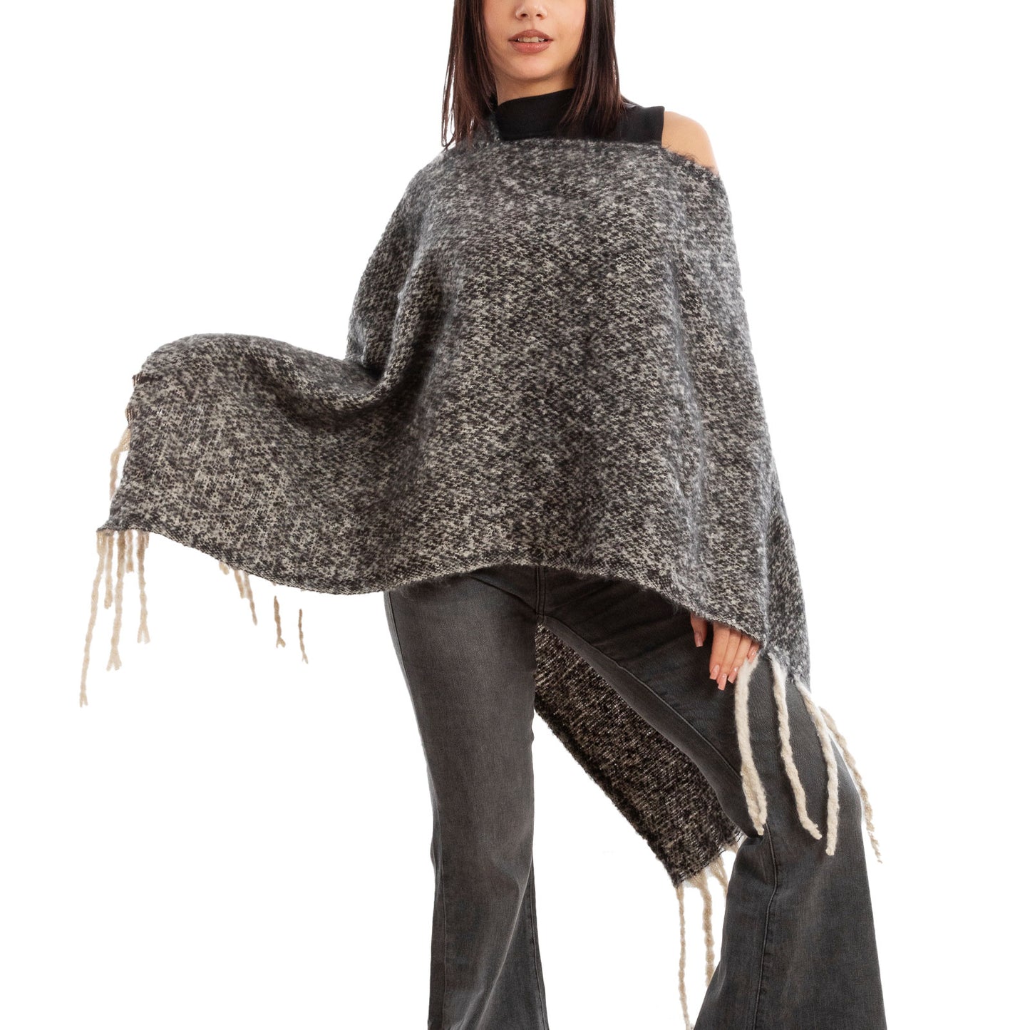 toocool poncho donna coprispalle mantella tricot caldo frange scialle lana toocool a302 nero taglia unica