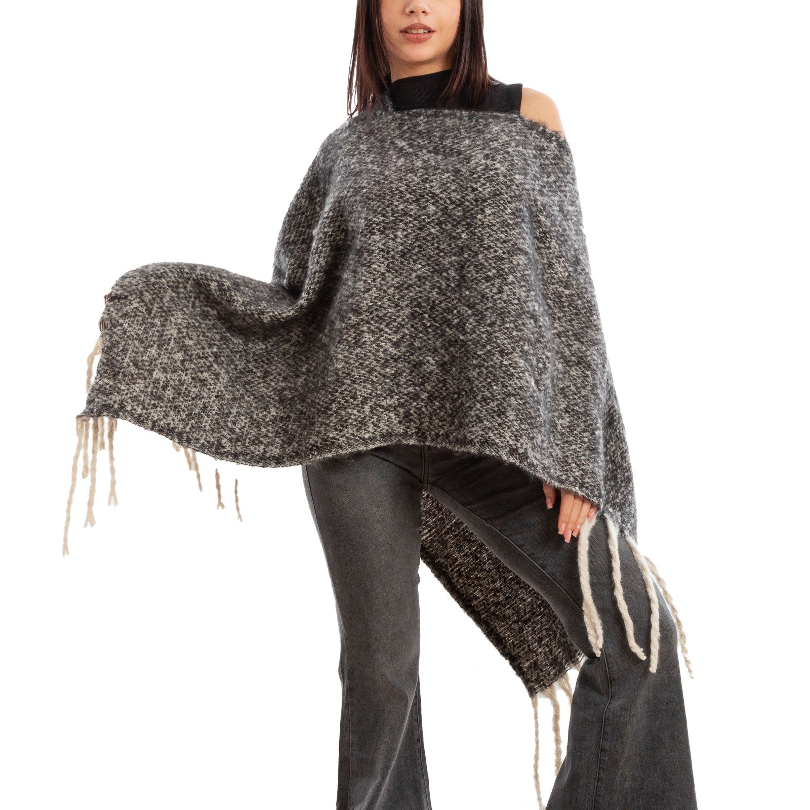 toocool poncho donna coprispalle mantella tricot caldo frange scialle lana toocool a302 nero taglia unica