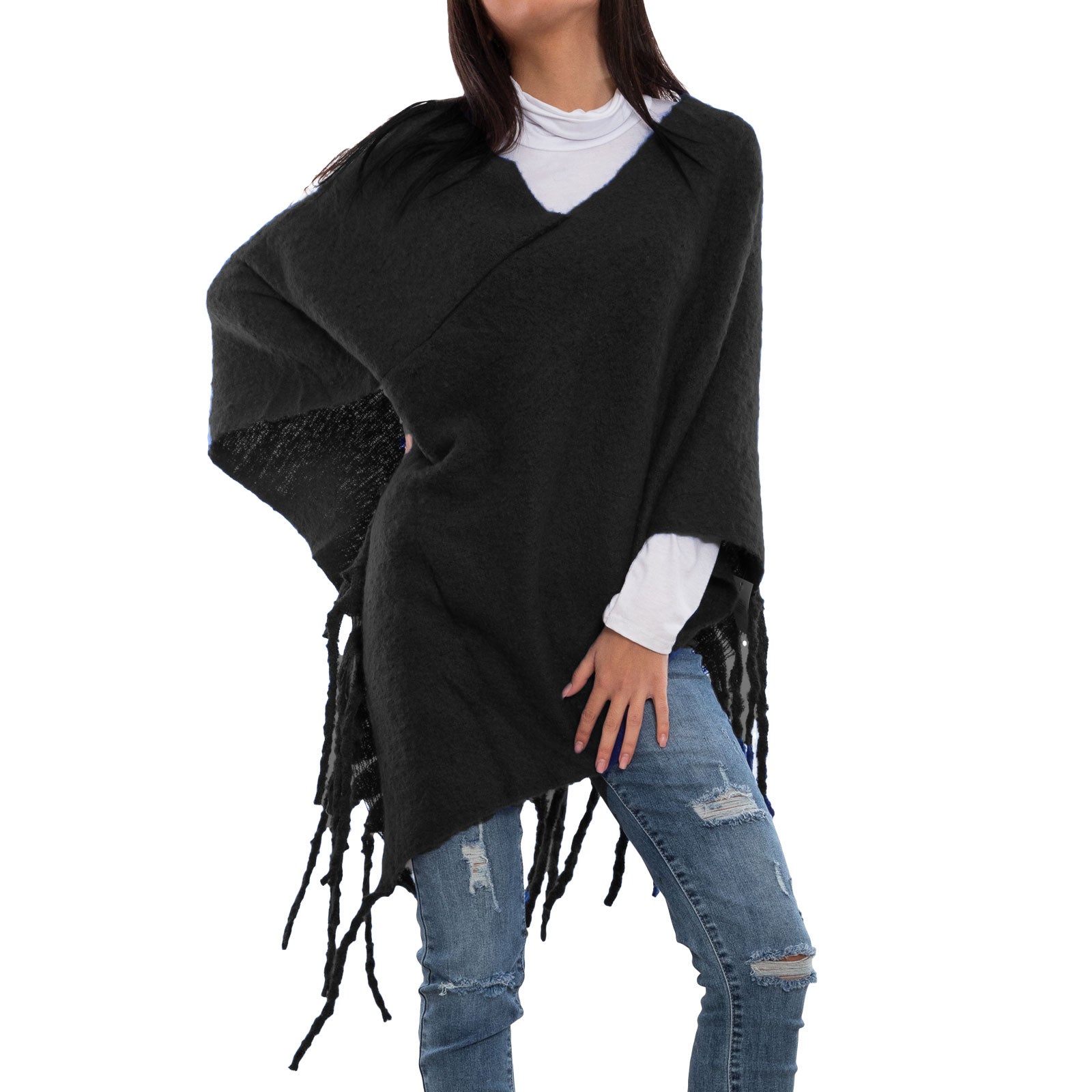 toocool poncho donna coprispalle mantella tricot caldo frange scialle lana toocool bs a301 nero taglia unica